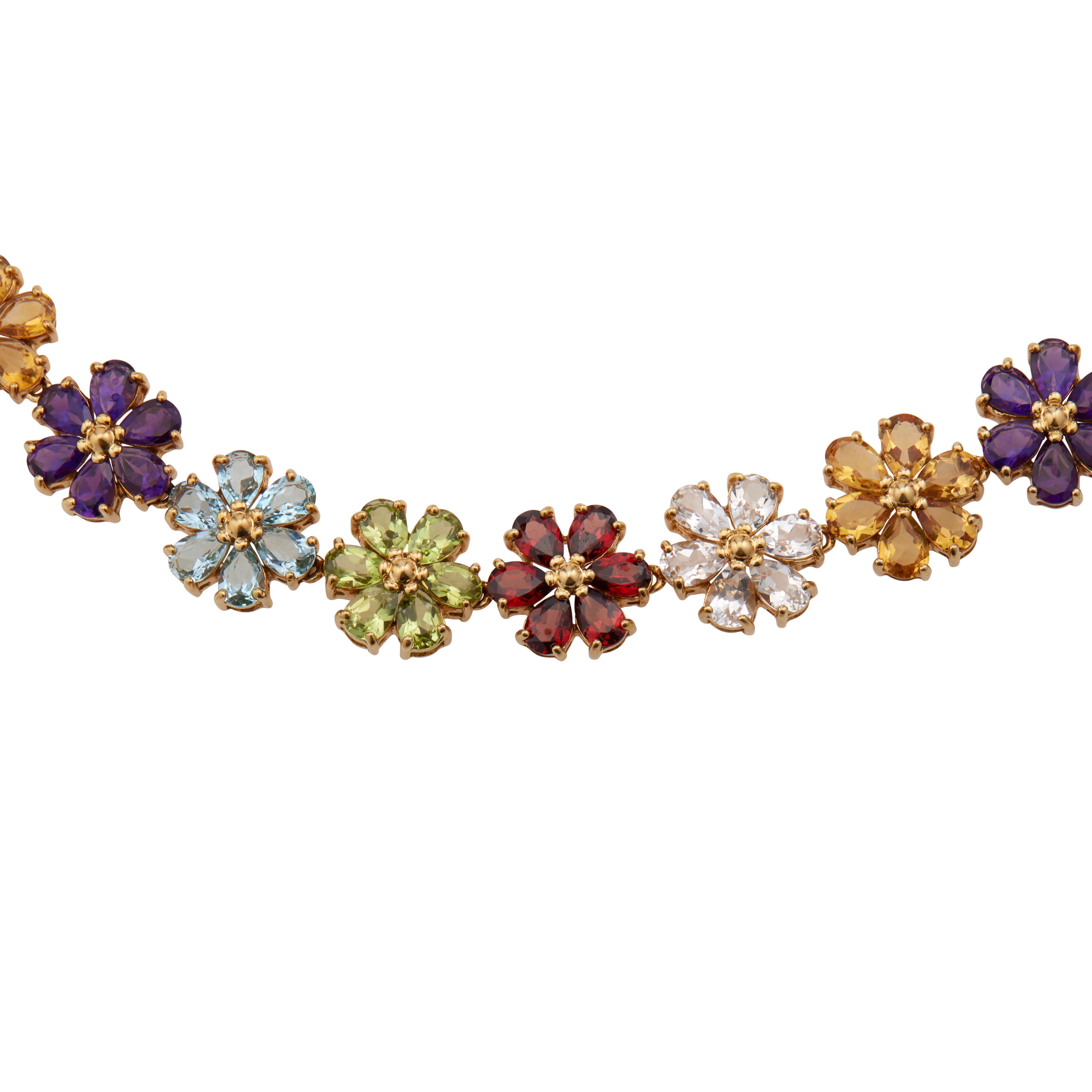 Pear Cut 75.00 Carat Amethyst Citrine Topaz Garnet Peridot Flower Gold Necklace For Sale