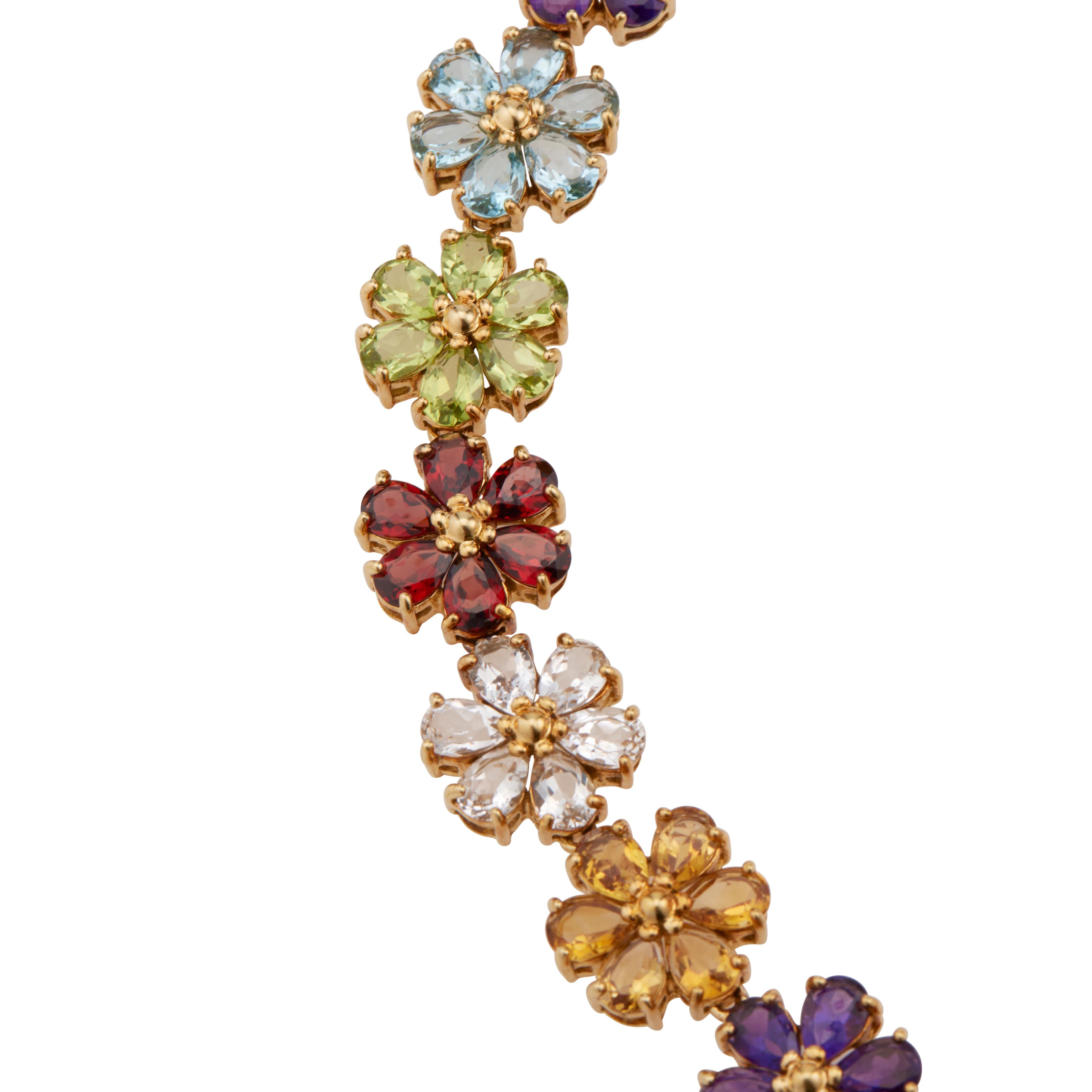 75.00 Carat Amethyst Citrine Topaz Garnet Peridot Flower Gold Necklace In Excellent Condition For Sale In Stamford, CT