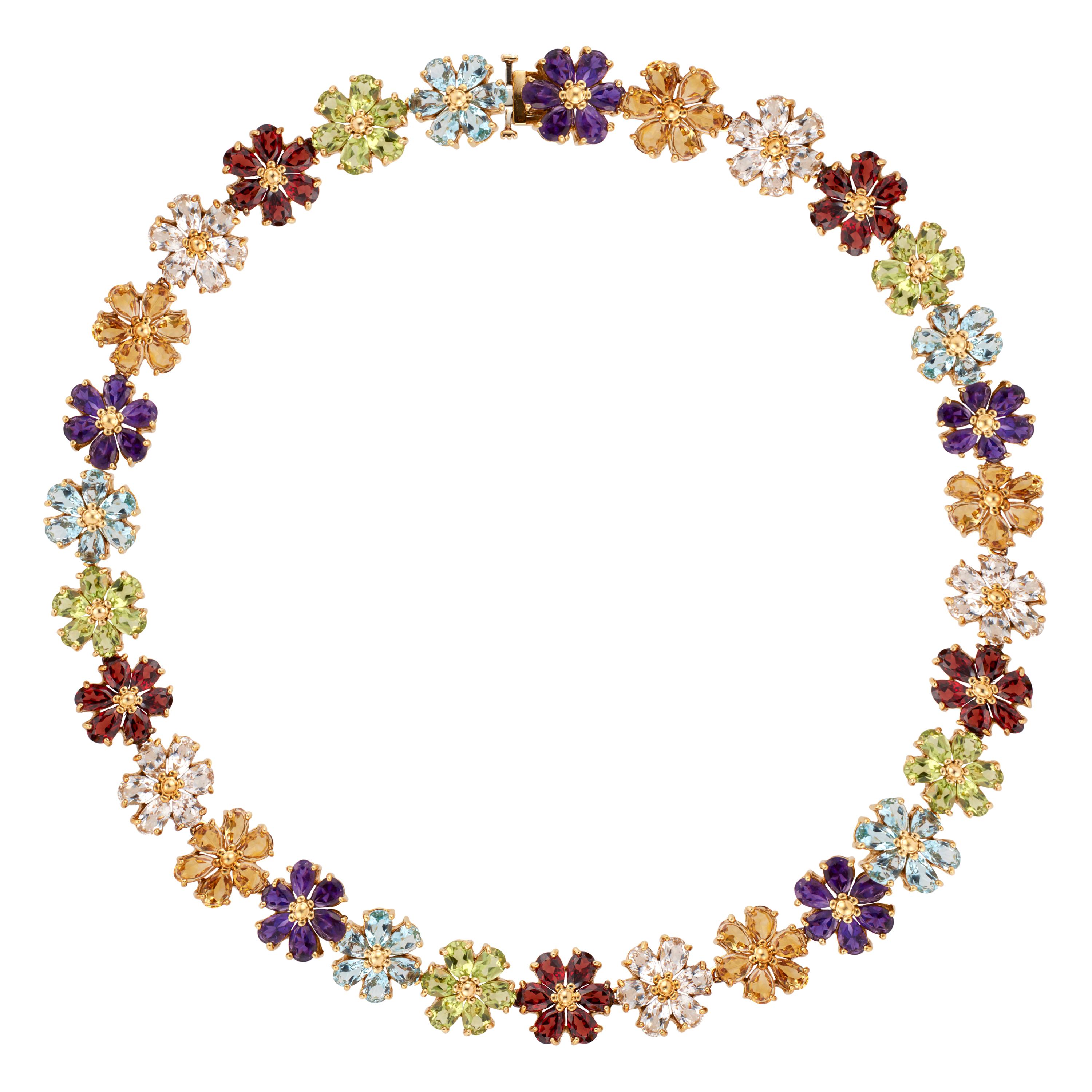 75.00 Carat Amethyst Citrine Topaz Garnet Peridot Flower Gold Necklace