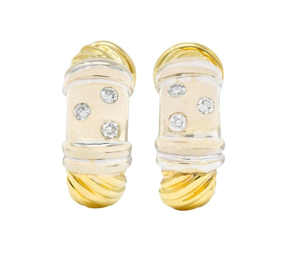 $7500 / David Yurman / 18K Gold Two-Tone Diamond Metro J Hoop Earrings / LUXURY For Sale 2