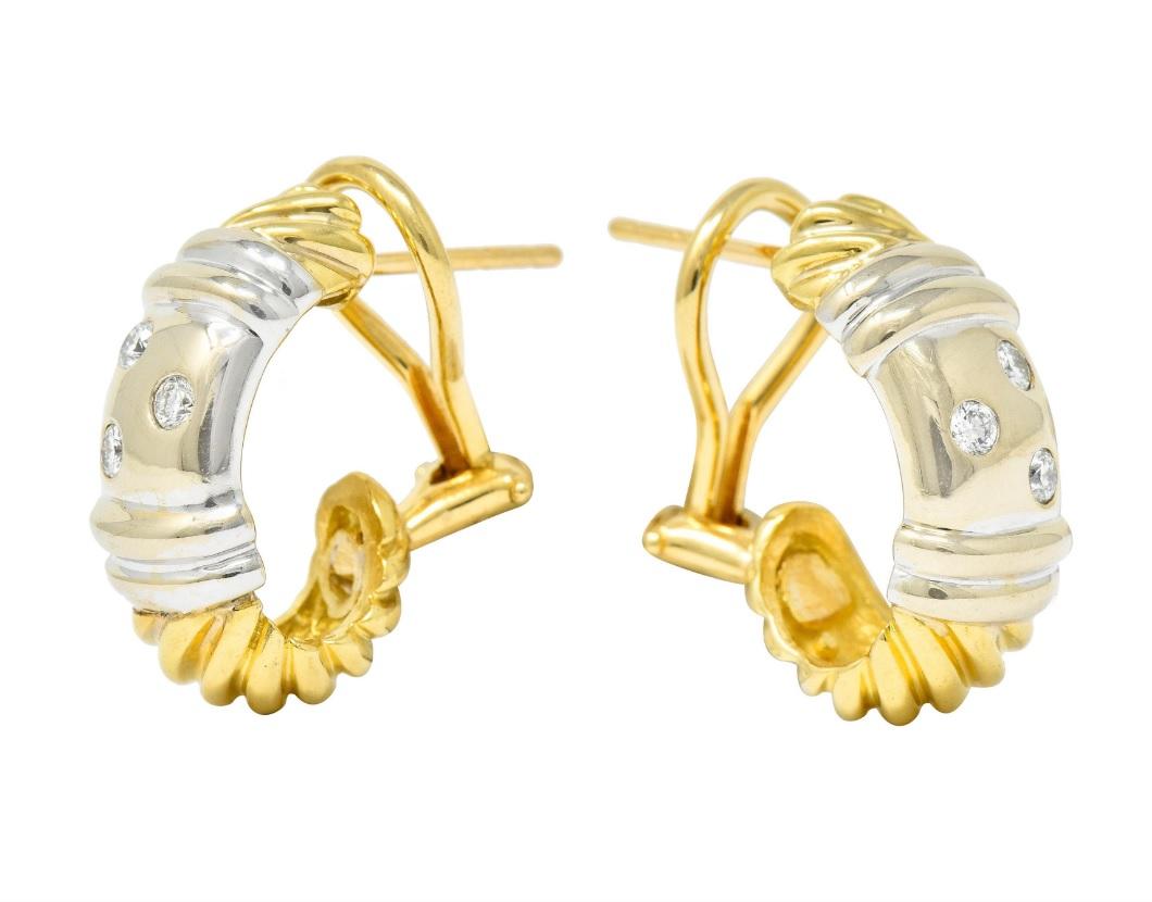 David Yurman designer Earrings, stamped and hallmarked: © D.Y. 750 ☆ (Pictorial)

Tag price $7500

Diamond is high quality and sparkly 

18K Yellow and White gold, stamped 750K

13.1 grams 