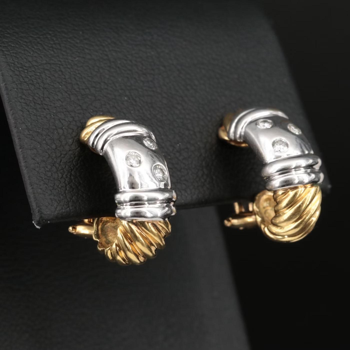 $7500 / David Yurman / 18K Gold Two-Tone Diamond Metro J Hoop Earrings / LUXURY In New Condition For Sale In Rancho Mirage, CA
