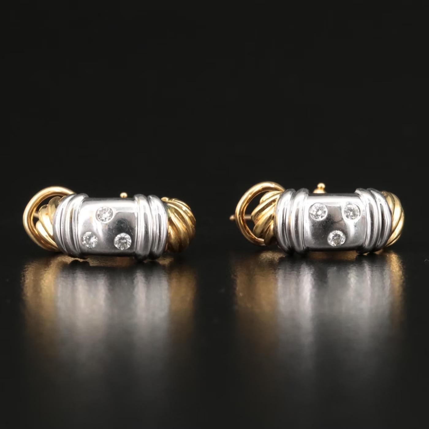 $7500 / David Yurman / 18K Gold Two-Tone Diamond Metro J Hoop Earrings / LUXURY For Sale 1
