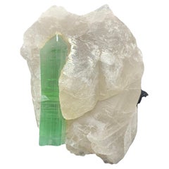 Antique 75.00 Gram Green Tourmaline Crystal Attached With Quartz Bunch From Afghanistan 