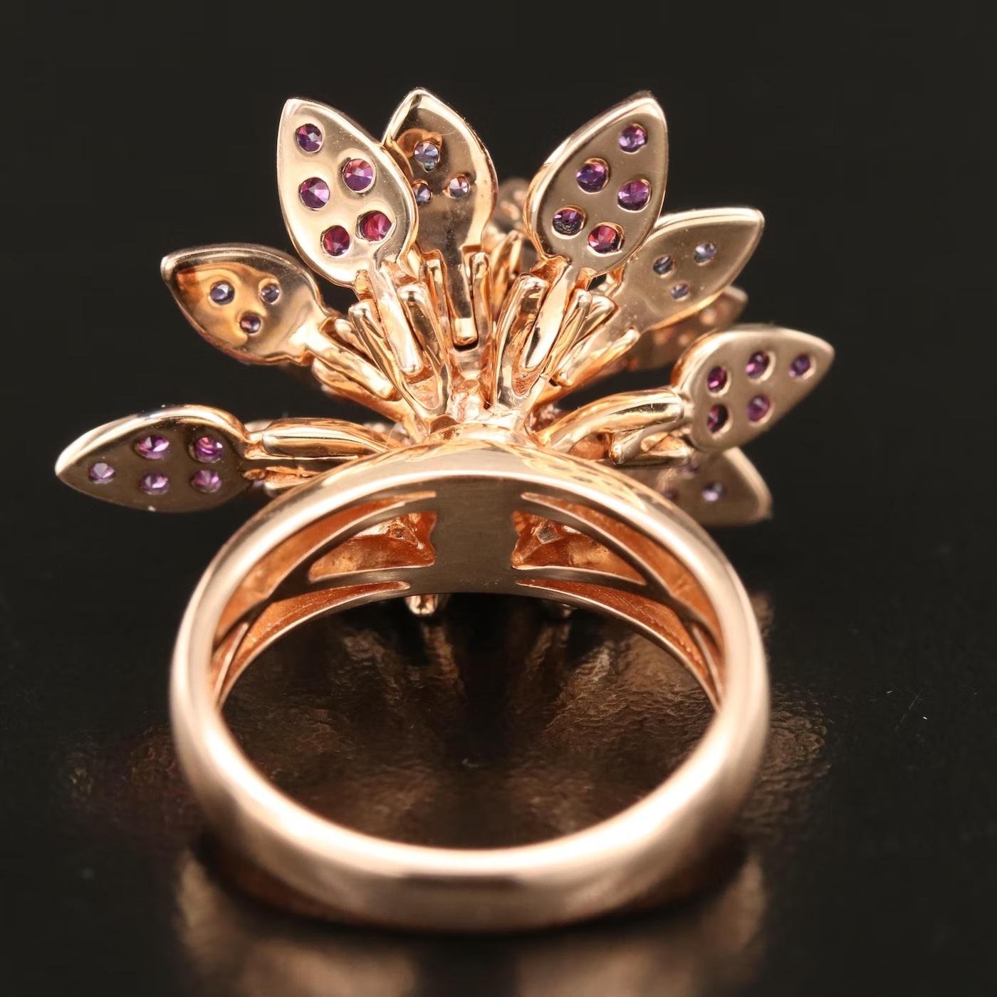 New / Effy Ruby, Diamond Mechanical Flower Ring /14K Gold In New Condition In Rancho Mirage, CA
