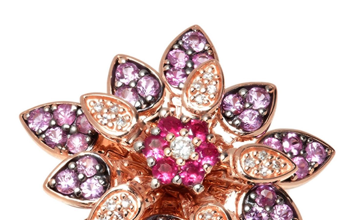 Women's New / Effy Ruby, Diamond Mechanical Flower Ring /14K Gold