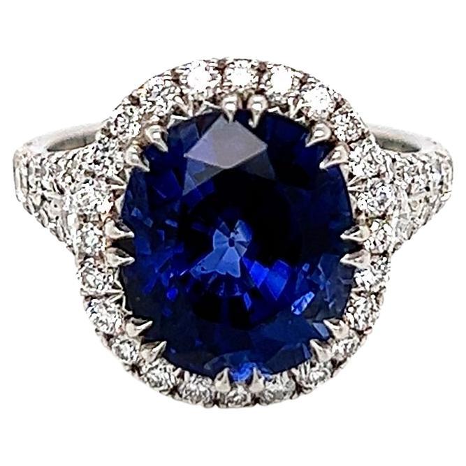 7.50 Total Carat Sapphire and Diamond Halo Pave-Set Ladies Ring, GIA Certified For Sale