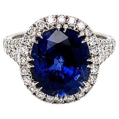 7.50 Total Carat Sapphire and Diamond Halo Pave-Set Ladies Ring, GIA Certified