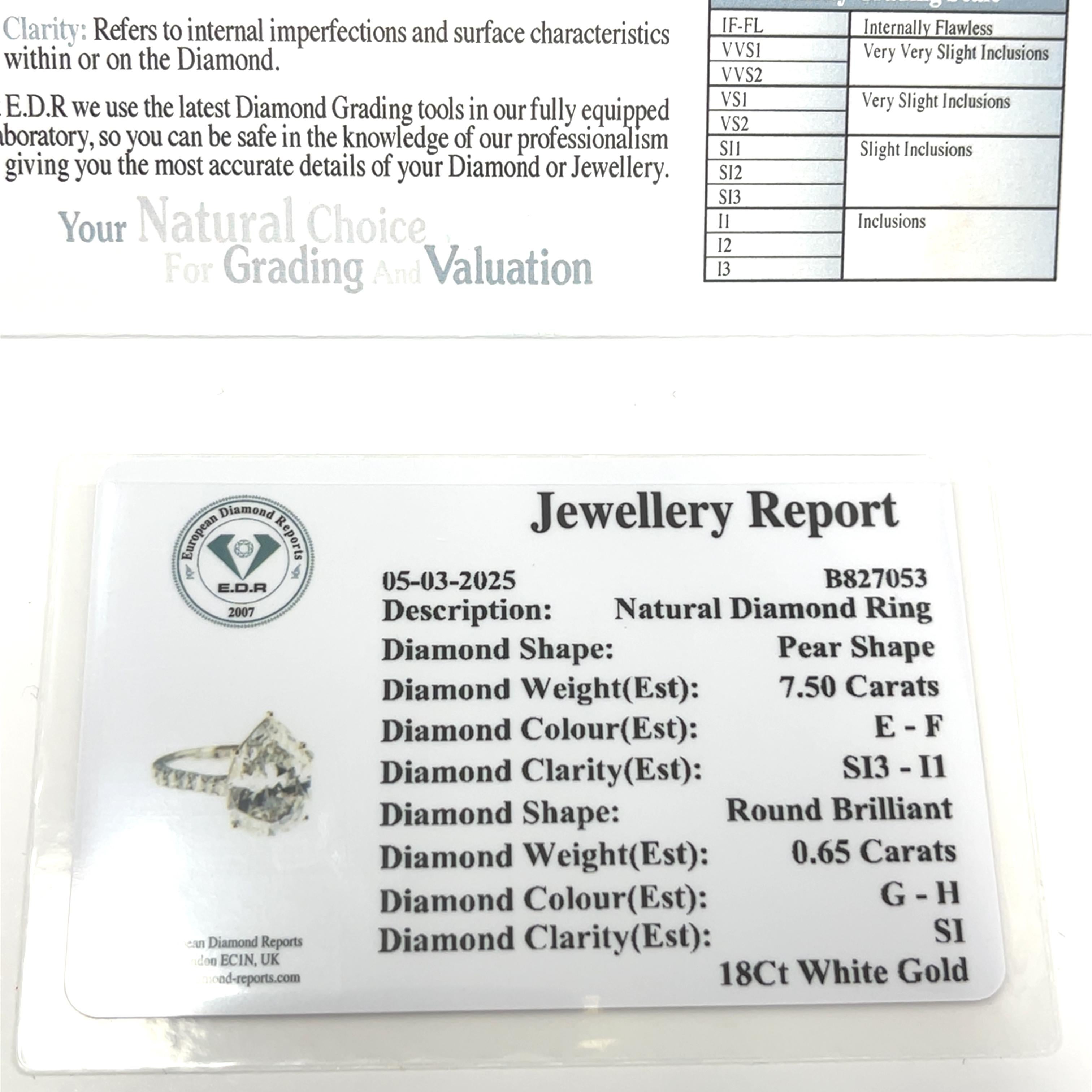 Bague E-F/SI3-I1 en or blanc 18 carats avec diamant en forme de poire de 7,50 carats en vente 1