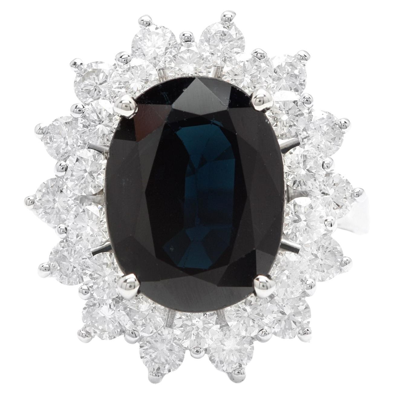 Ring aus 14 Karat massivem Weißgold mit 7,50 Karat natürlichem blauen Saphir und natürlichem Diamant