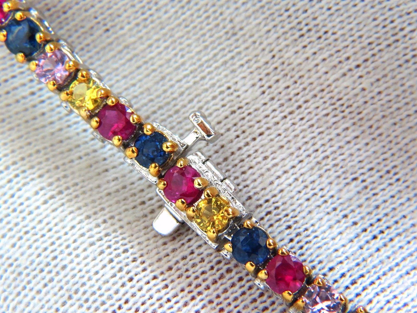 Gem Line.

7.50ct. Natural Sapphires, Ruby, & Emeralds bracelet.

Full round cuts, great sparkle.

Multicolor sapphires.

Vibrant Greens, Orange, Reds, yellows, Blues & Pinks

Clean Clarity & Transparent.

Secure pressure clasp and safety