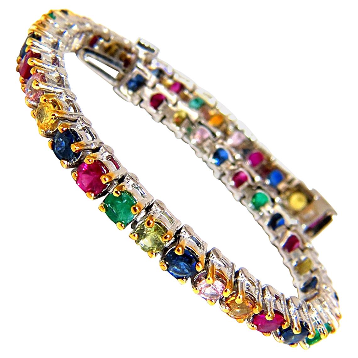 Bracelet tennis ligne de pierres précieuses 14 carats avec rubis naturel, émeraudes, saphirs et diamants de 7,50 carats