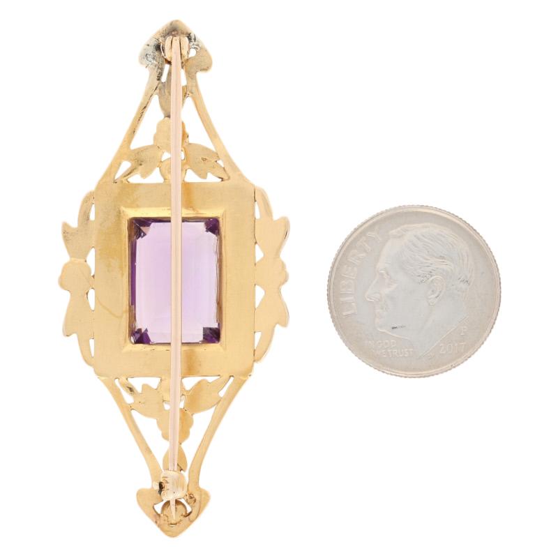 7.50ct Rectangle Cut Amethyst & Seed Pearl Vintage Brooch, 14k Gold Floral Pin In Excellent Condition In Greensboro, NC