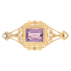 7.50ct Rectangle Cut Amethyst & Seed Pearl Vintage Brooch, 14k Gold Floral Pin