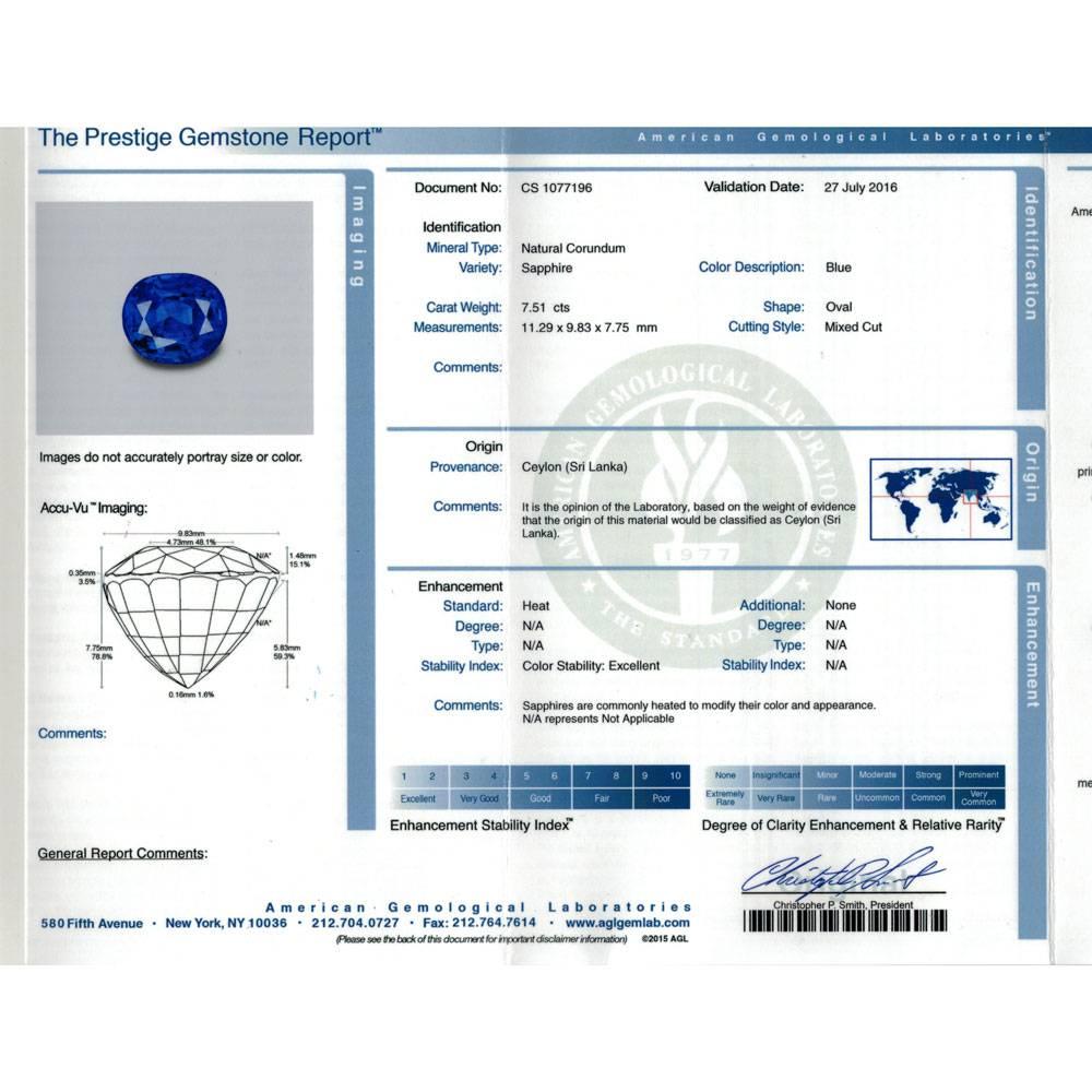 Women's 7.51 Carat Ceylon Cushion Cut Sapphire Diamond Platinum Ring AGL Certificate