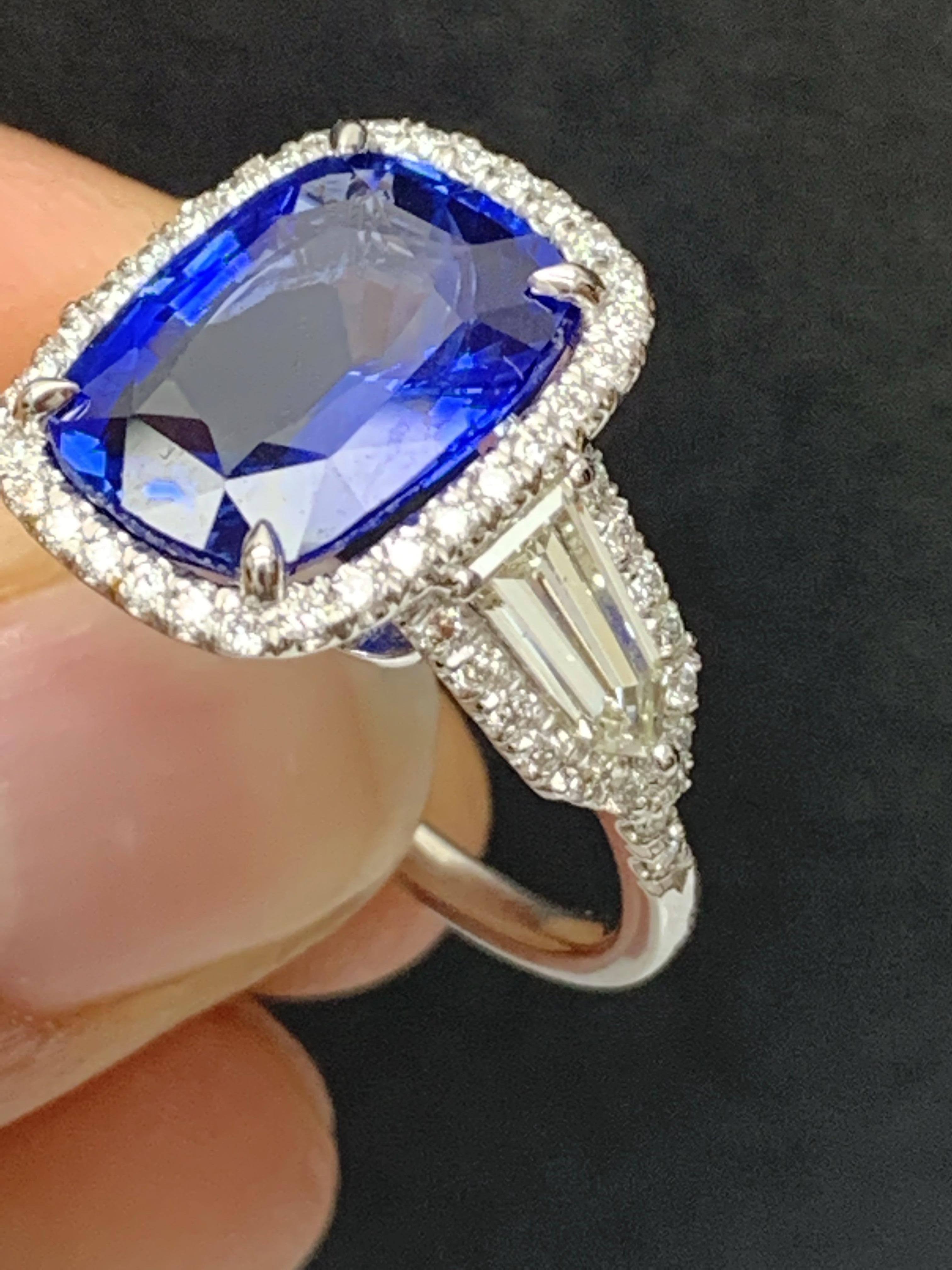 7.51 Carat Cushion Cut Sapphire and Diamond Engagement Ring in Platinum For Sale 5