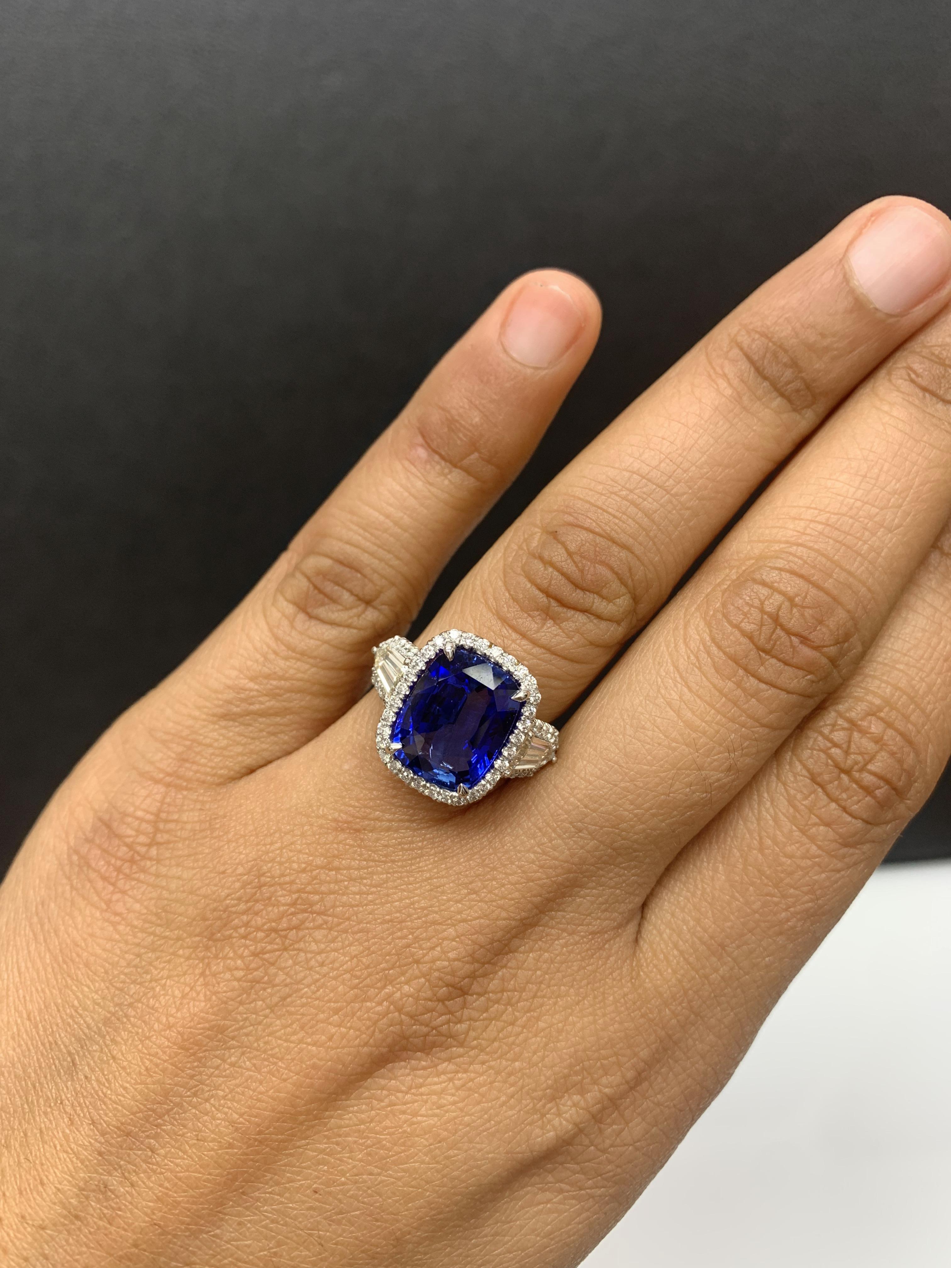 7.51 Carat Cushion Cut Sapphire and Diamond Engagement Ring in Platinum For Sale 6