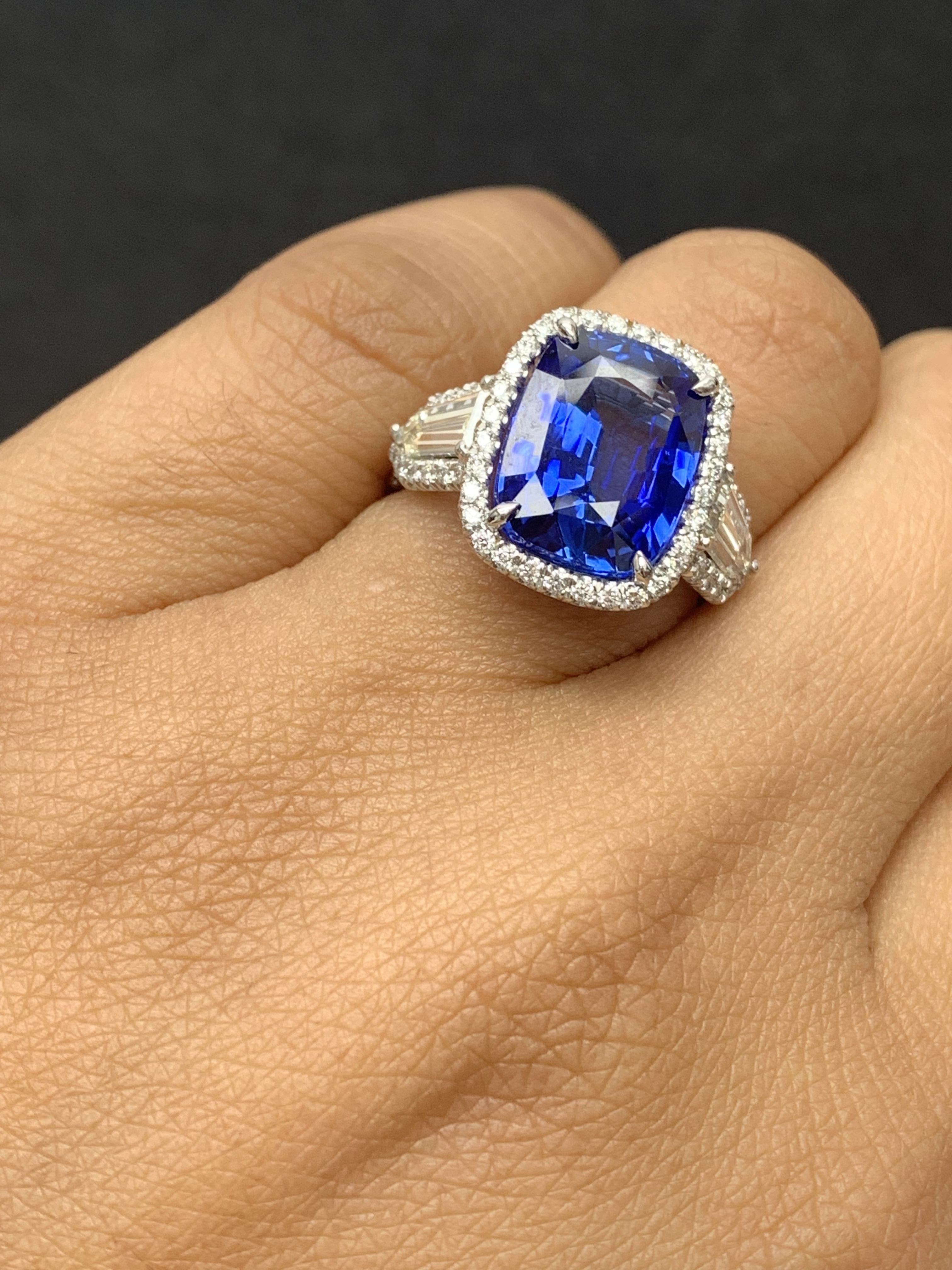 7.51 Carat Cushion Cut Sapphire and Diamond Engagement Ring in Platinum For Sale 11