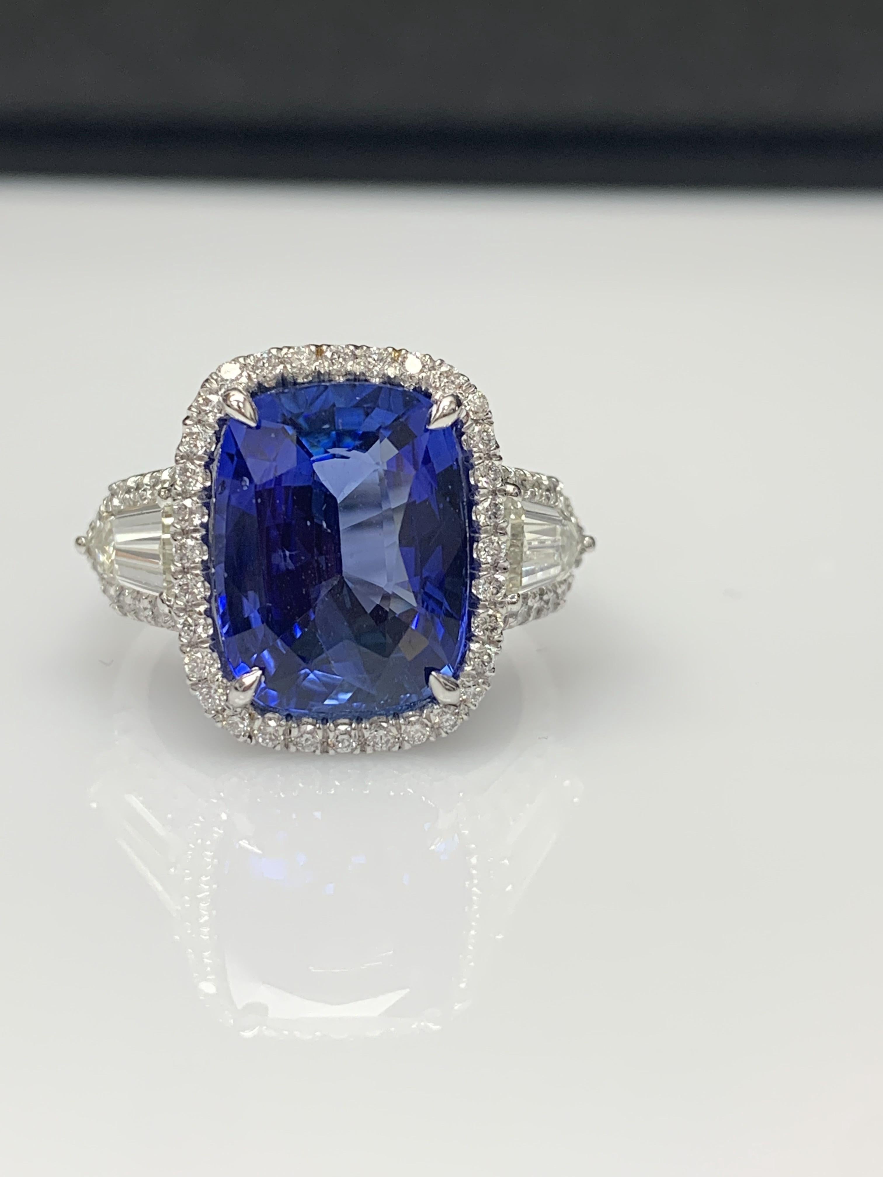 Women's 7.51 Carat Cushion Cut Sapphire and Diamond Engagement Ring in Platinum For Sale
