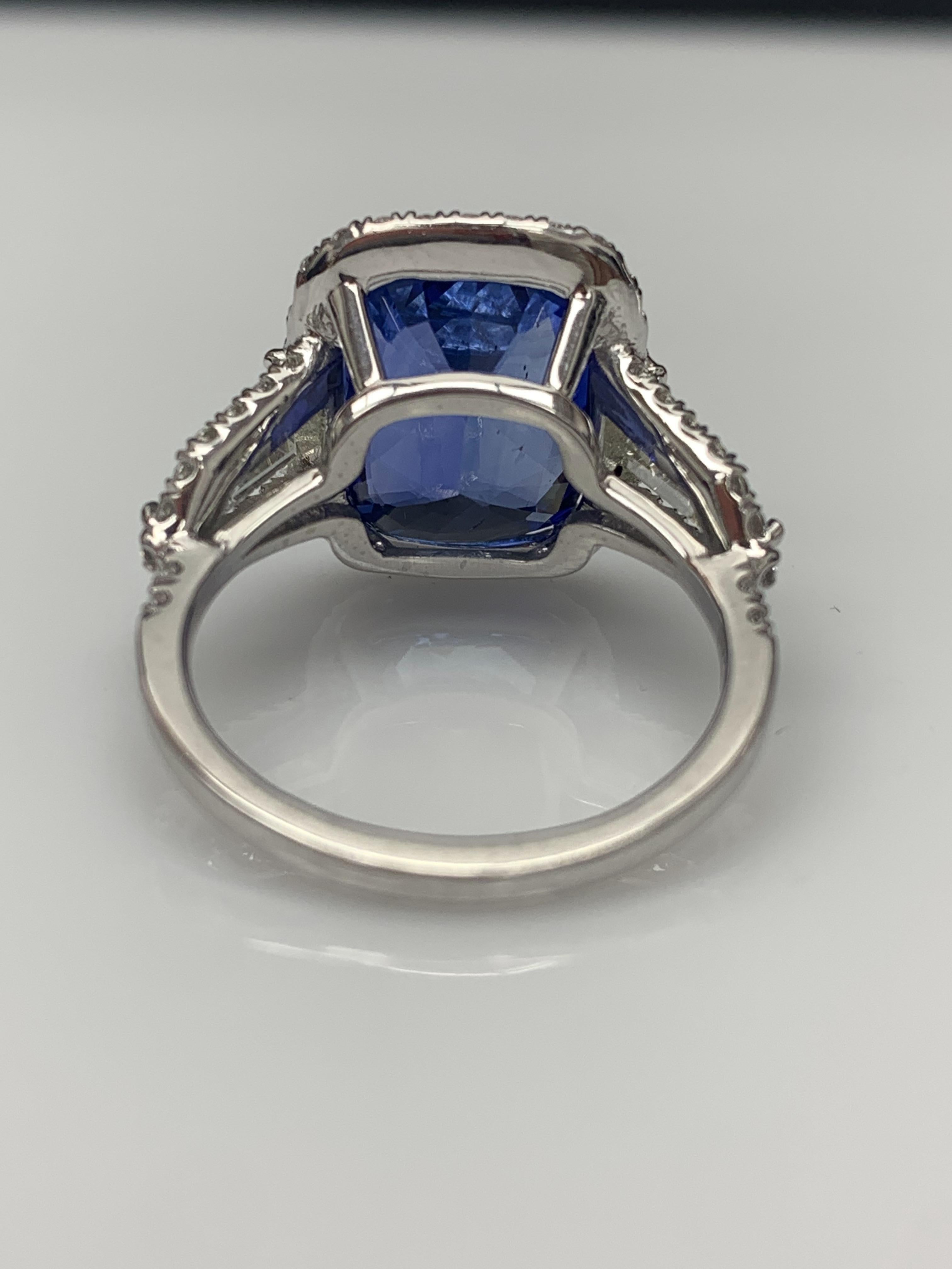 7.51 Carat Cushion Cut Sapphire and Diamond Engagement Ring in Platinum For Sale 2