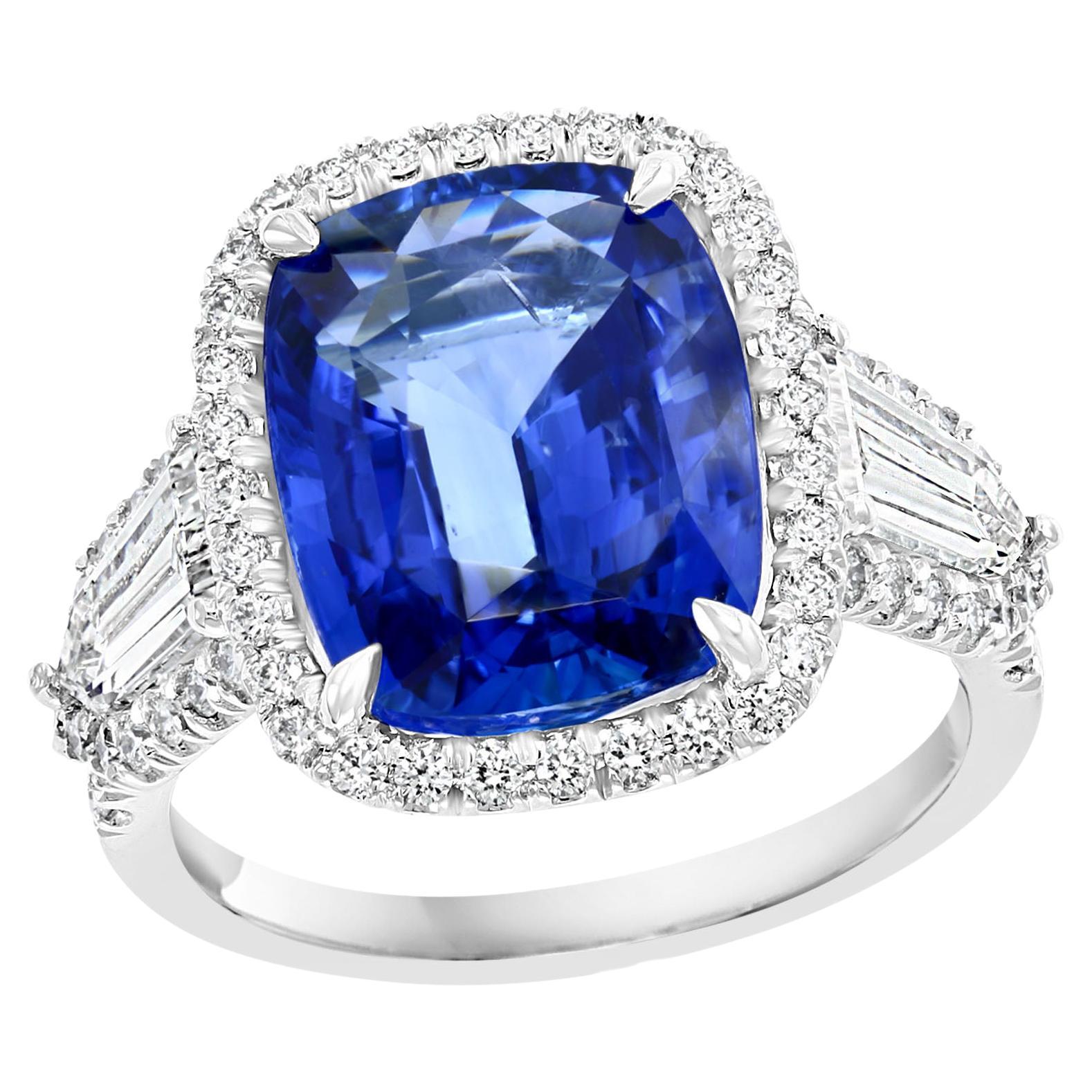 7.51 Carat Cushion Cut Sapphire and Diamond Engagement Ring in Platinum For Sale