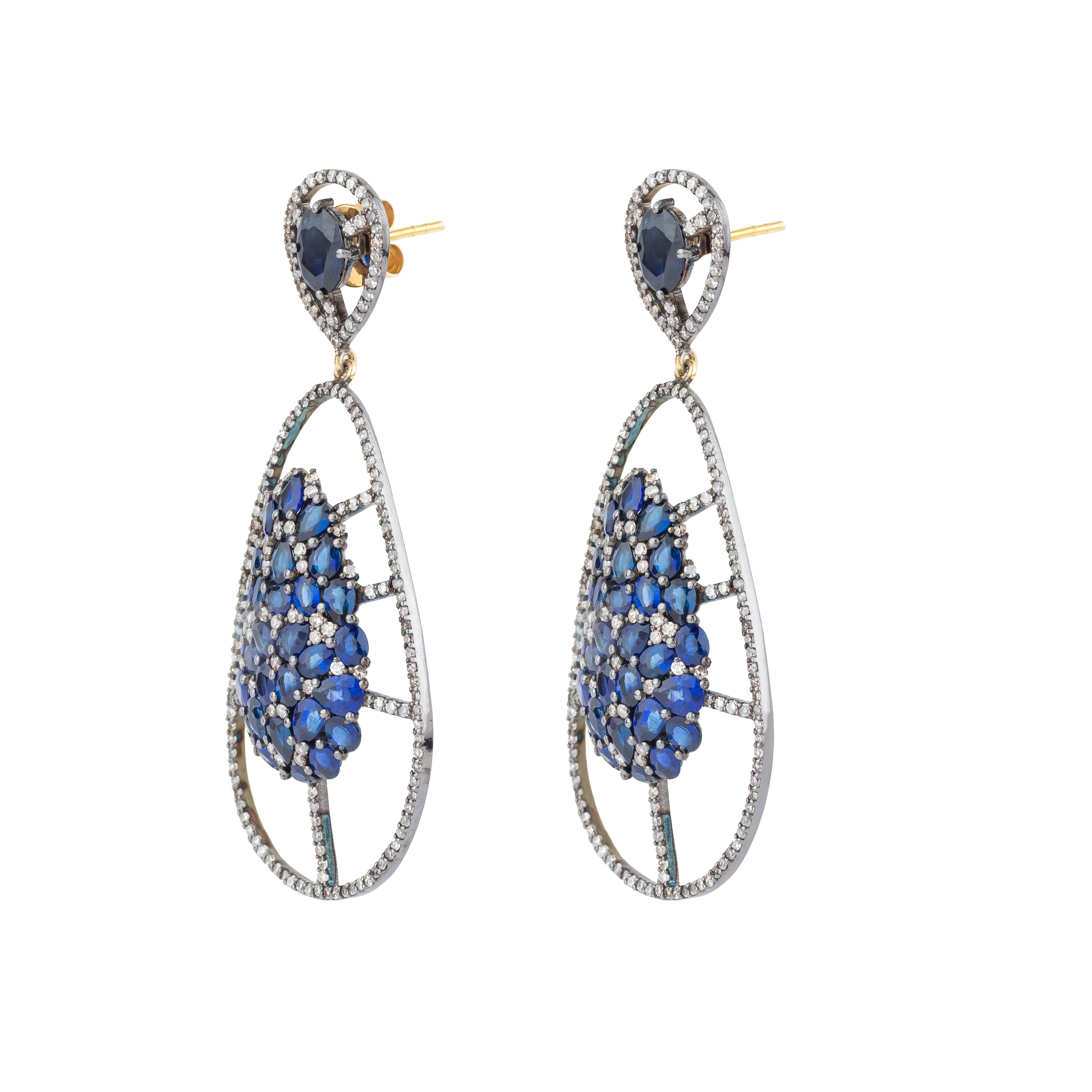 Brilliant Cut 7.51 Carat Diamond and Sapphire Cocktail Earrings For Sale
