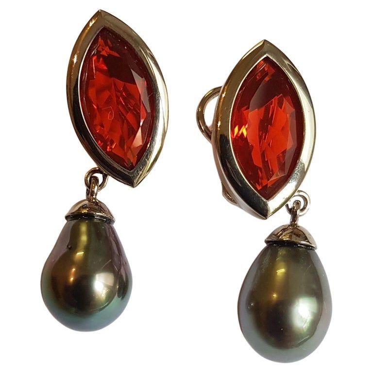 7.51 Carat Fire Opal Navettes Tahiti-Pearl Drops White Gold Earrings In New Condition For Sale In Berlin, DE