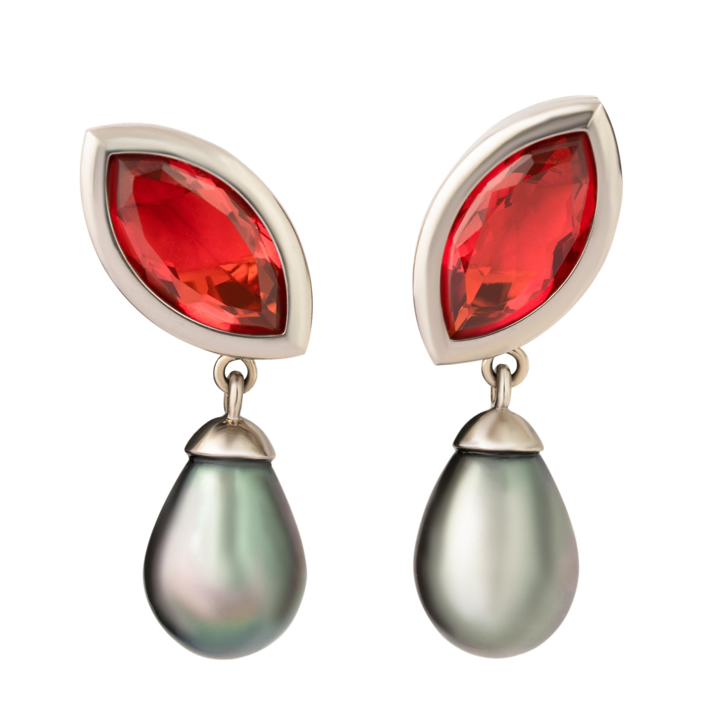 7.51 Carat Fire Opal Navettes Tahiti-Pearl Drops White Gold Earrings For Sale