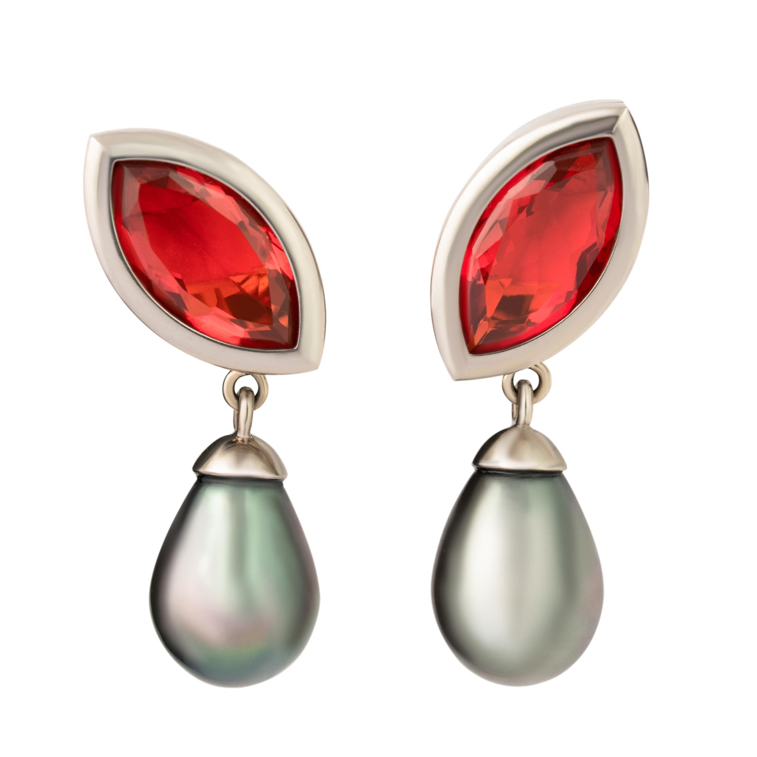 7.51 Carat Fire Opal Navettes Tahiti-Pearl Drops White Gold Earrings