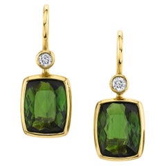 Green Tourmaline and Diamond Drop Earrings in Yellow Gold, 7.51 Carats Total 