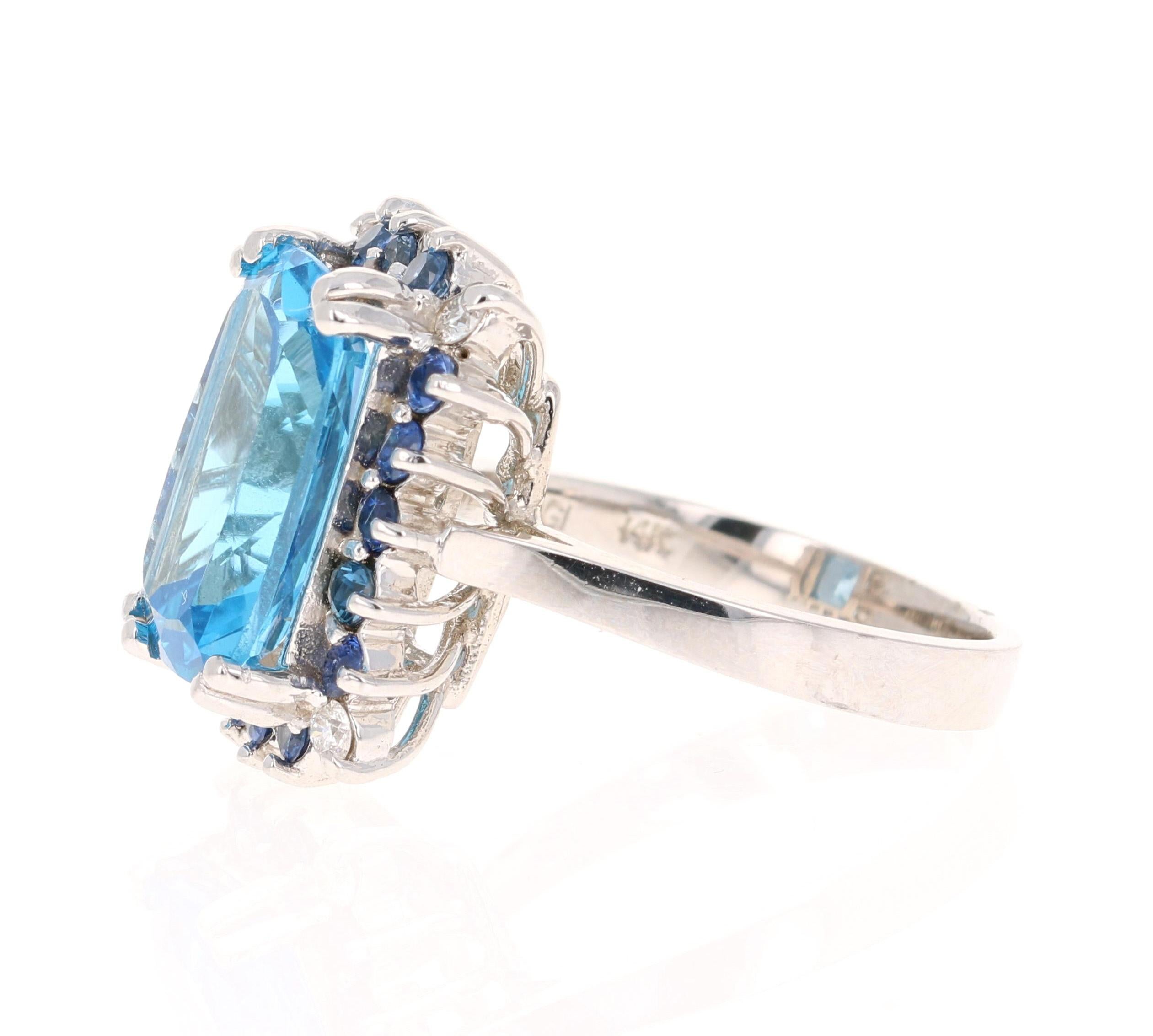 Contemporary 7.52 Carat Blue Topaz Sapphire Diamond 14 Karat White Gold Ring For Sale