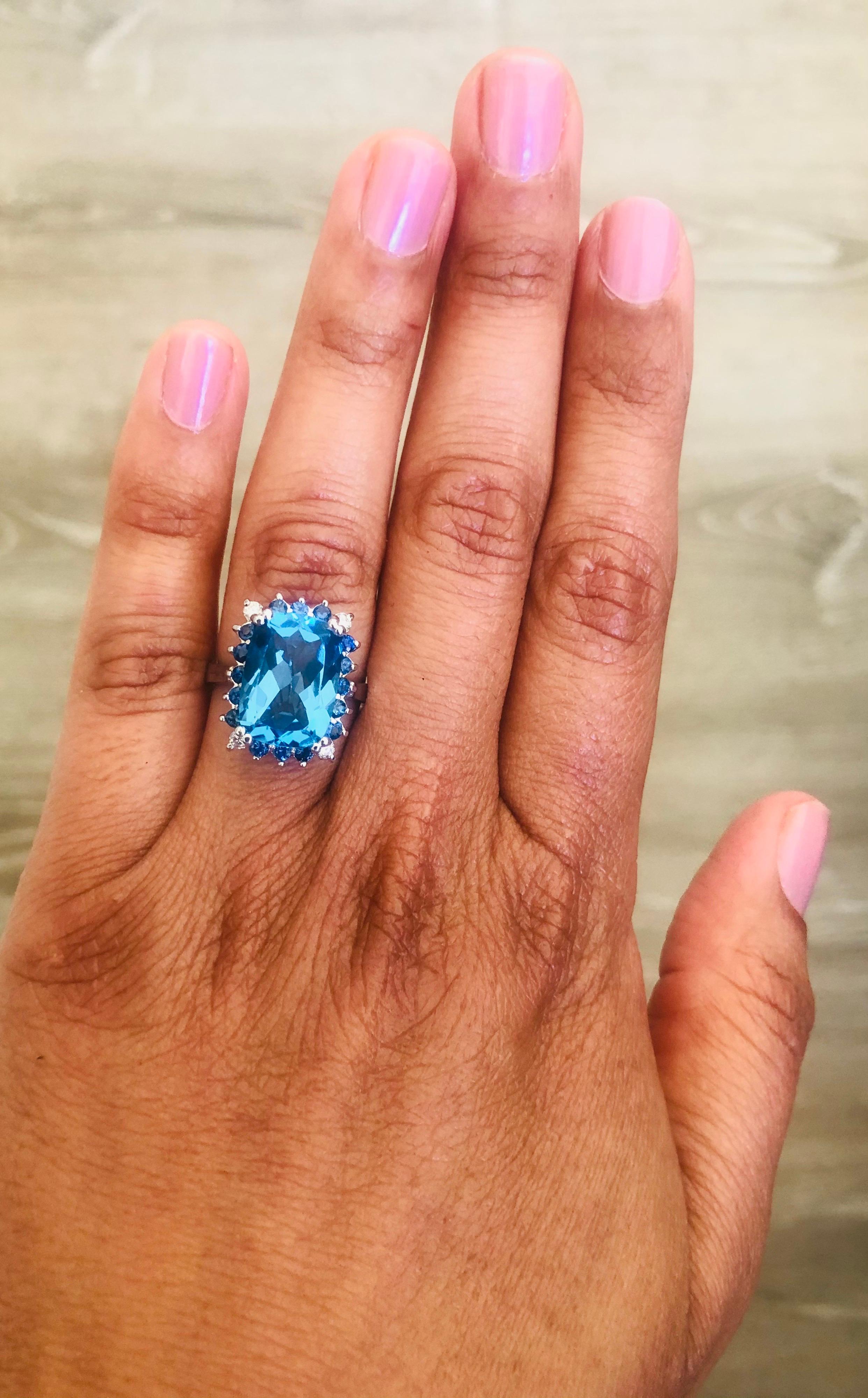 7.52 Carat Blue Topaz Sapphire Diamond 14 Karat White Gold Ring In New Condition For Sale In Los Angeles, CA