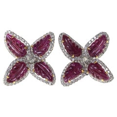 7.52 Carat Crafted Ruby Diamonds Stud Earrings in 18 Karat White Gold