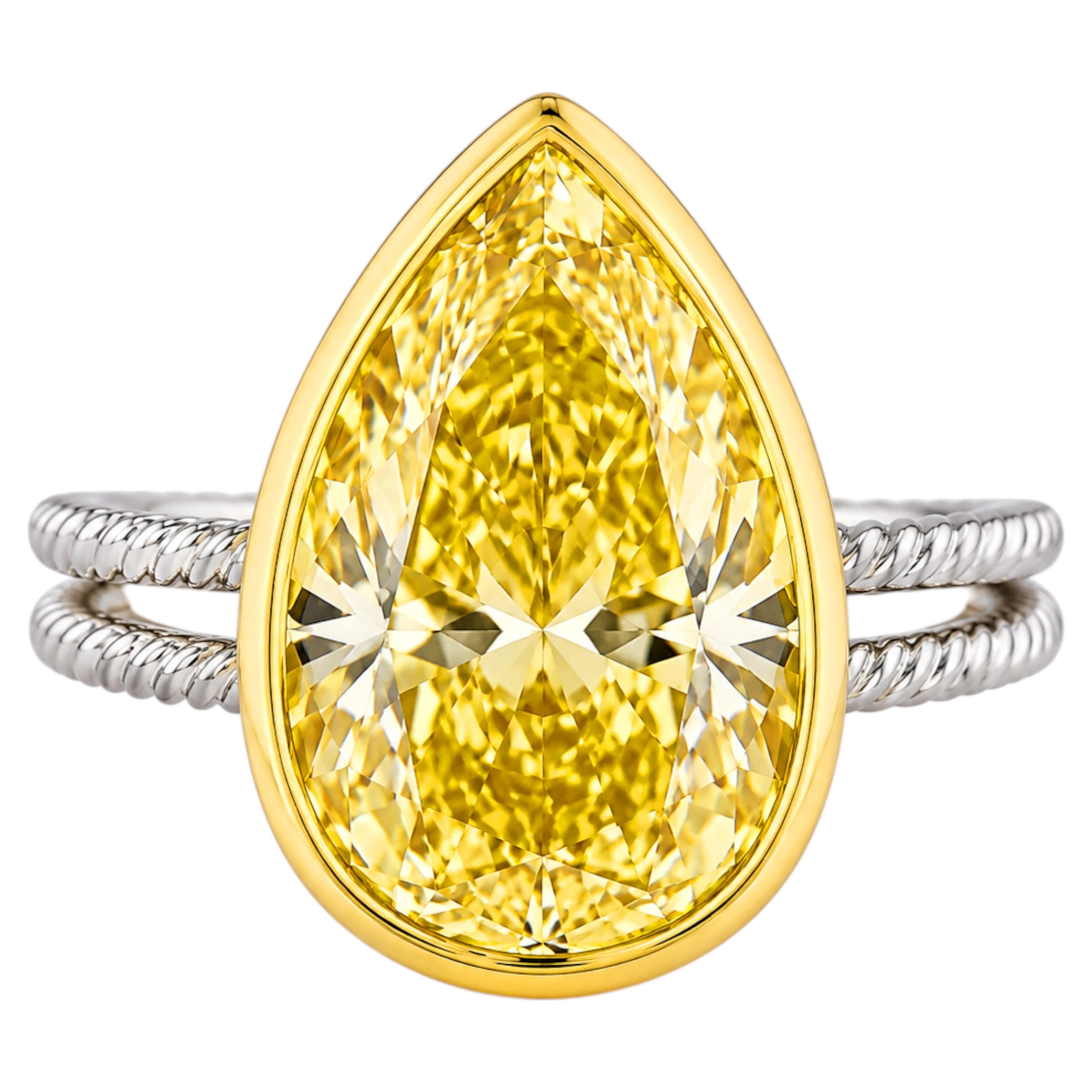 7.52 Carat Fancy Yellow Pear-Shaped Diamond Ring For Sale