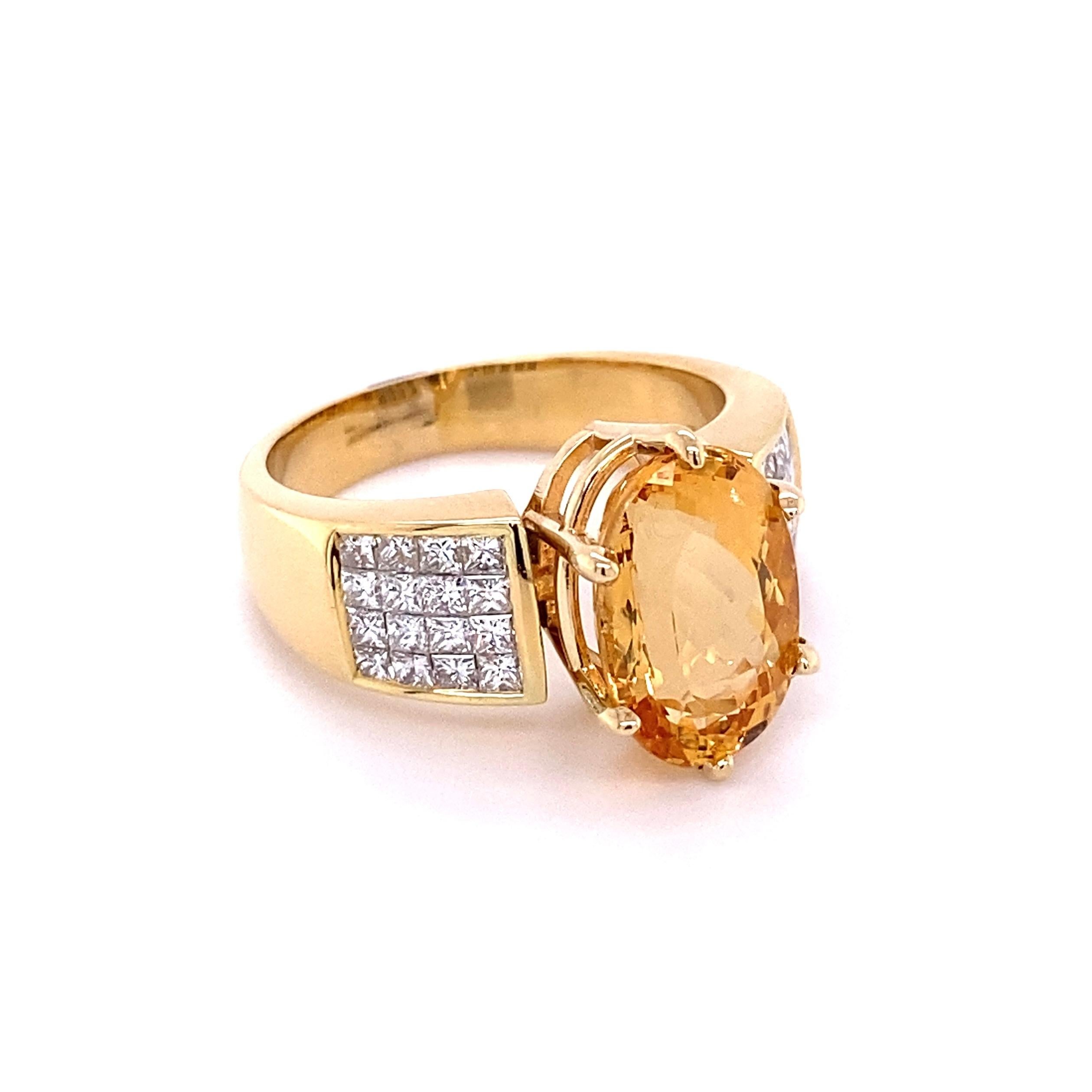 Simply Beautiful! Finely detailed Imperial Topaz and Diamond Platinum Cocktail Ring. Centering a securely nestled Hand set Oval Imperial Topaz, weighing approx. 7.52 Carat, either side with Diamonds, approx. 1.55tcw. Hand crafted 18K Yellow Gold