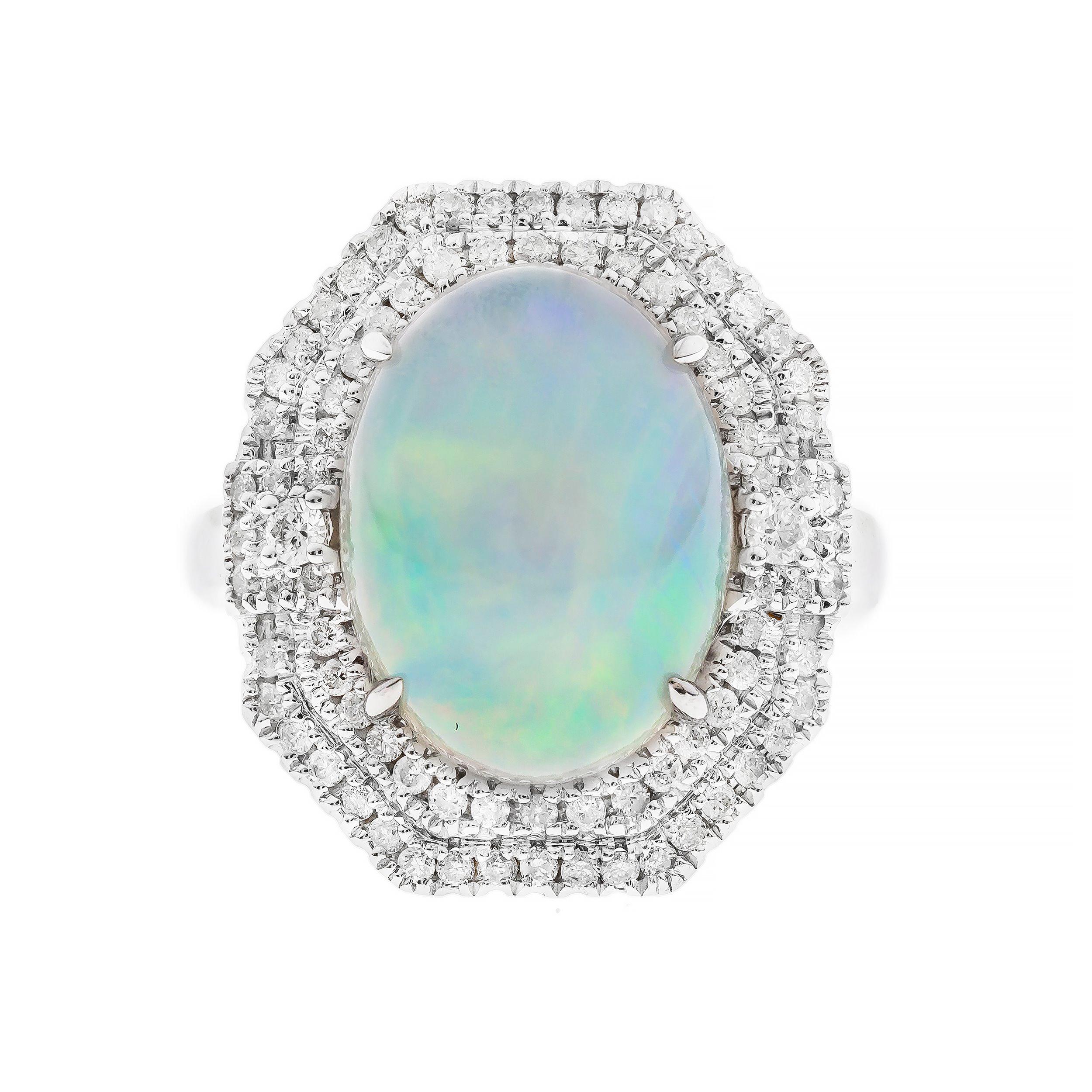 Oval Cut 7.52 Carat Oval Cab Ethiopian Opal Diamond Accents 14K White Gold Ring
