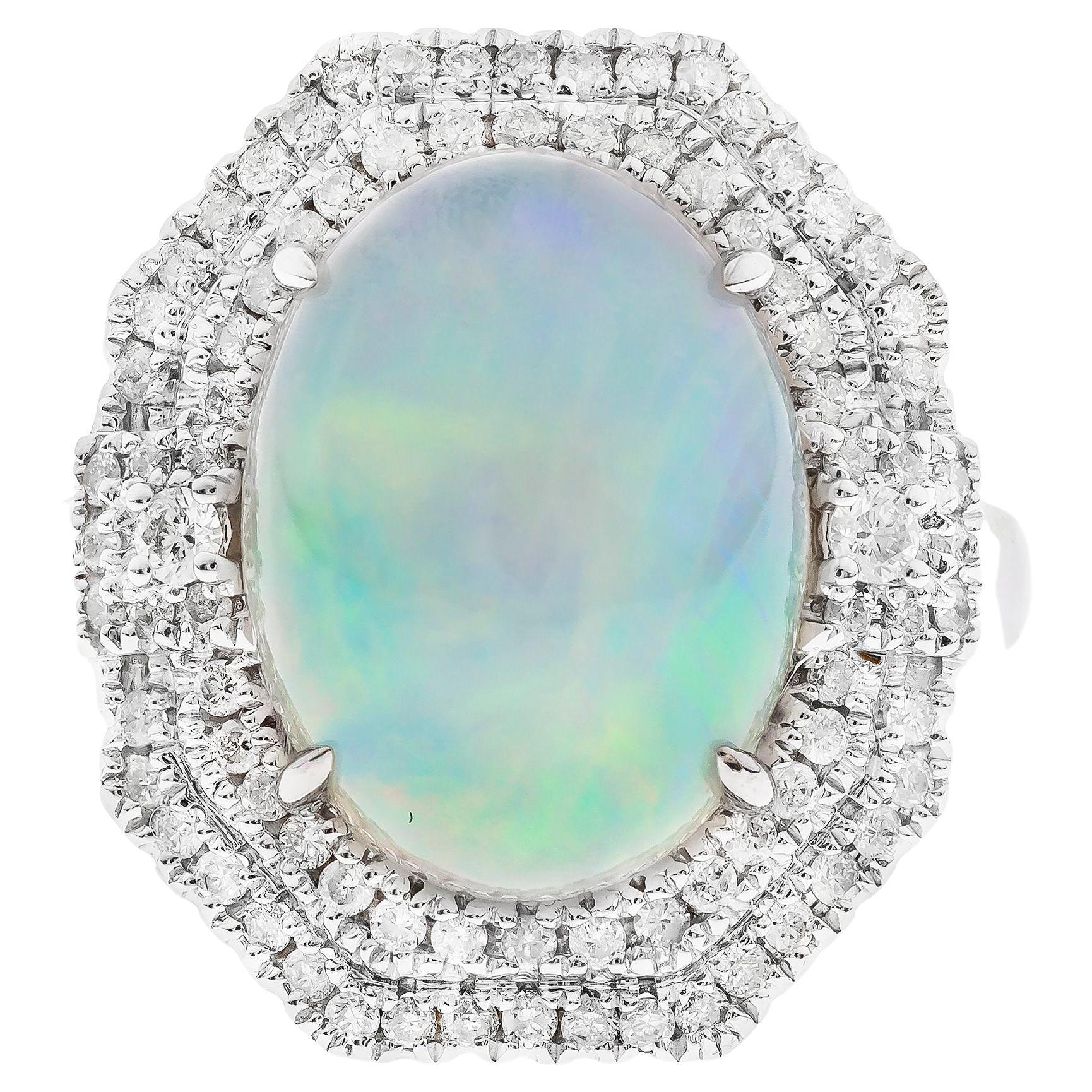 7.52 Carat Oval Cab Ethiopian Opal Diamond Accents 14K White Gold Ring