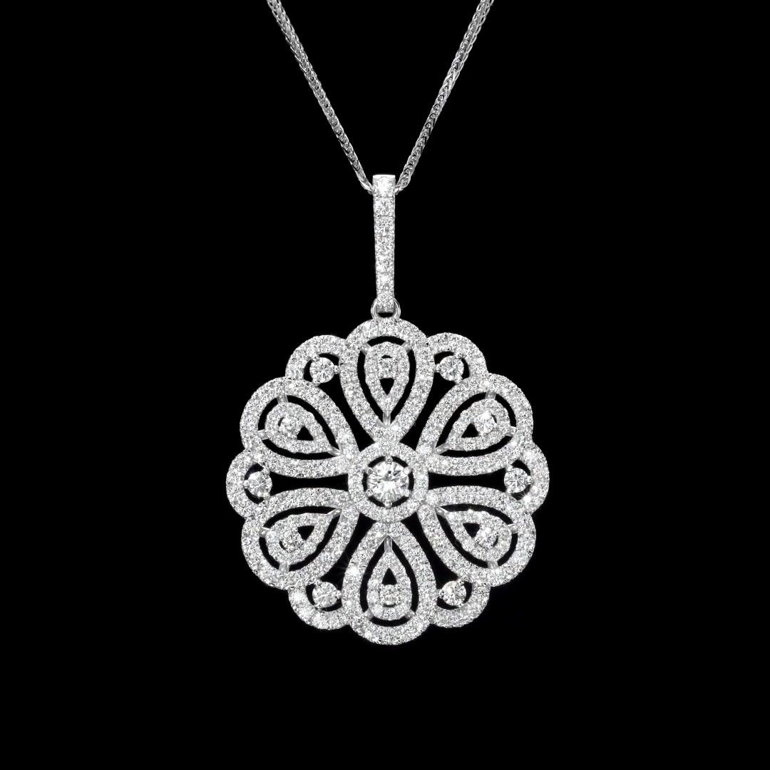 Contemporary 7.52 Carat Round Diamond Cluster Pendant with 18K Gold  Necklace For Sale