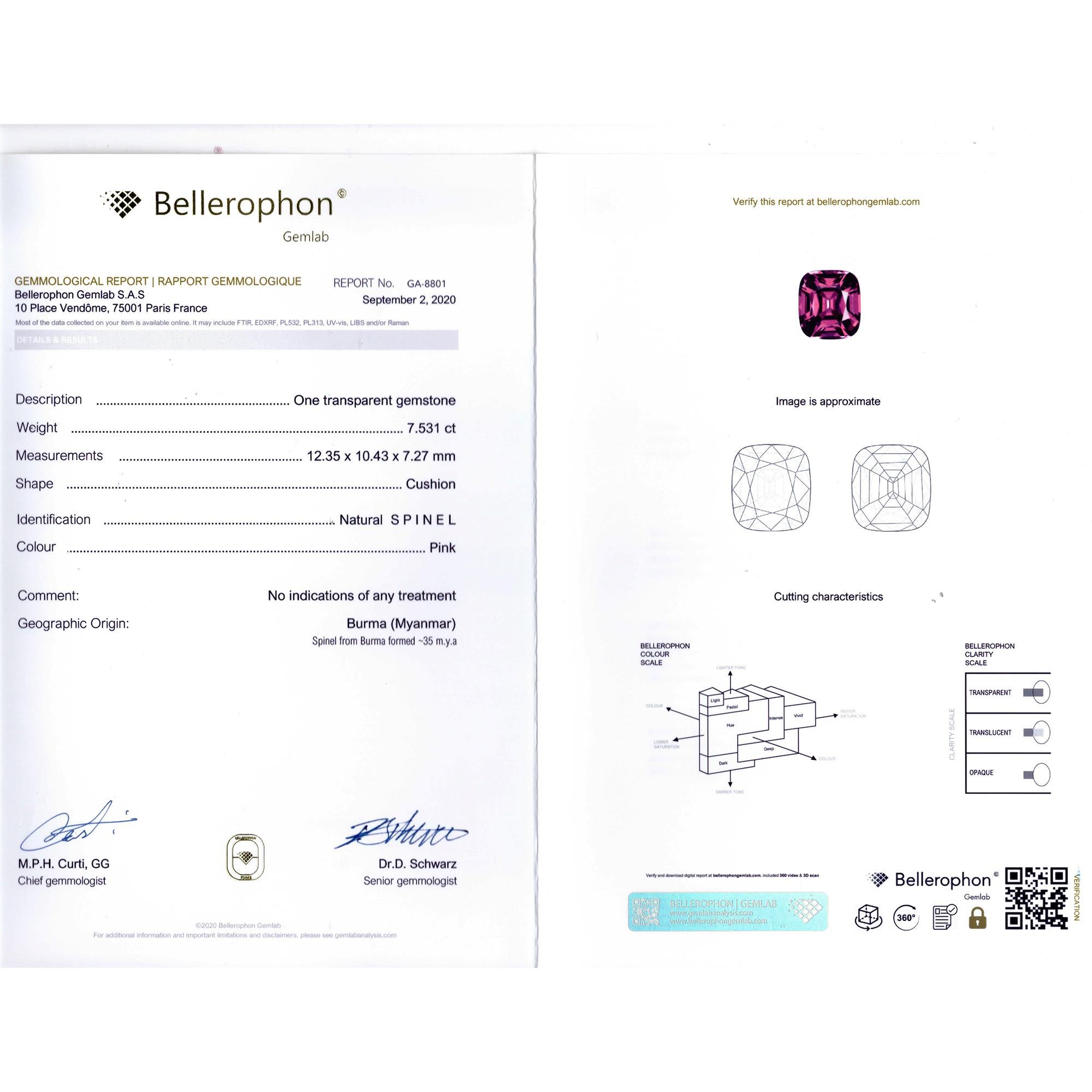 Women's or Men's 7.53 Carat Cushion Cut Natural Burma Mauve Pink Spinel Diamond Platinum Ring