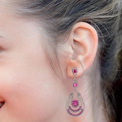 Contemporary 7.53ct Diamond and Ruby Dangle Earrings, Silver, India