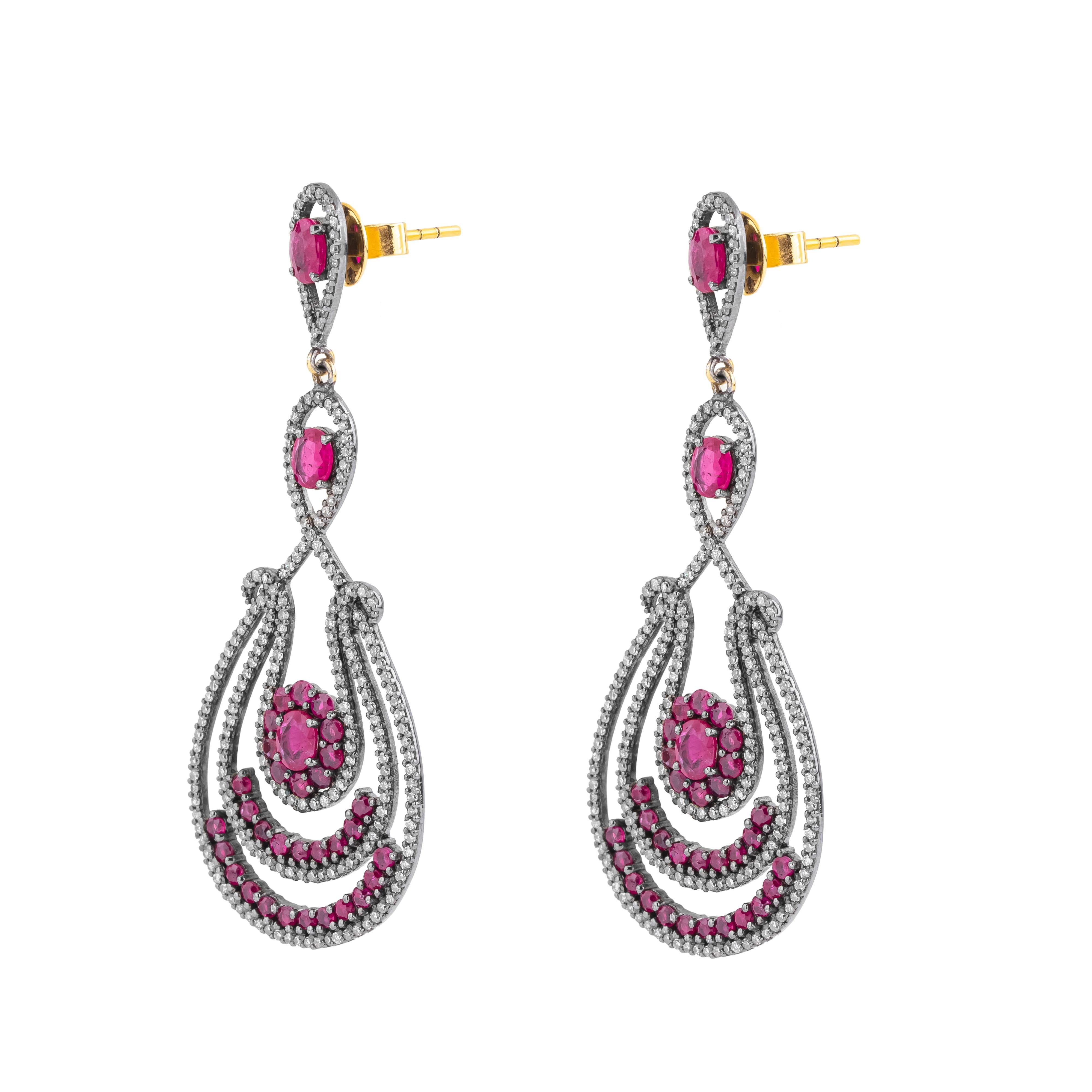 Contemporary 7.53 Carat Diamond and Ruby Dangle Earrings For Sale