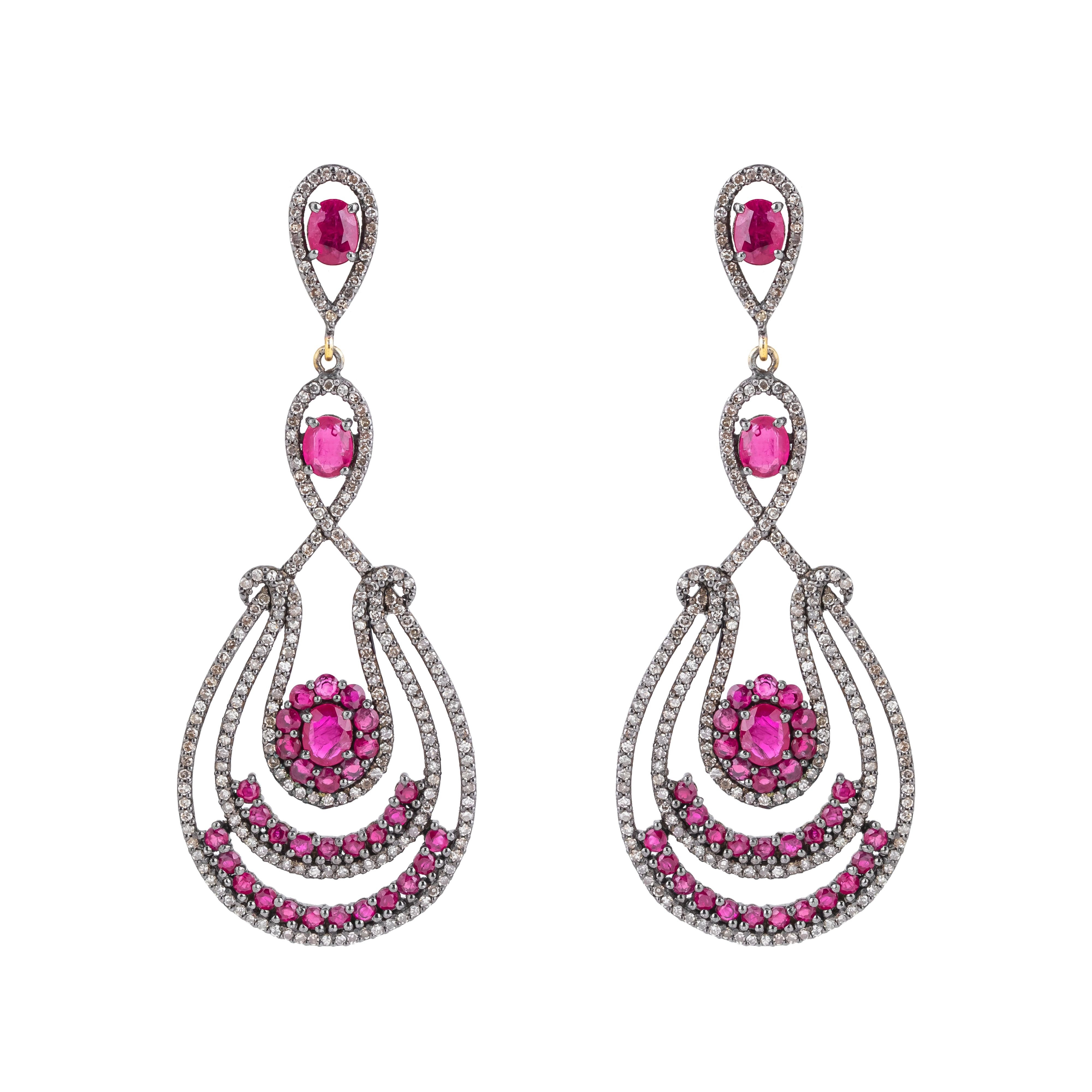 Women's 7.53 Carat Diamond and Ruby Dangle Earrings For Sale