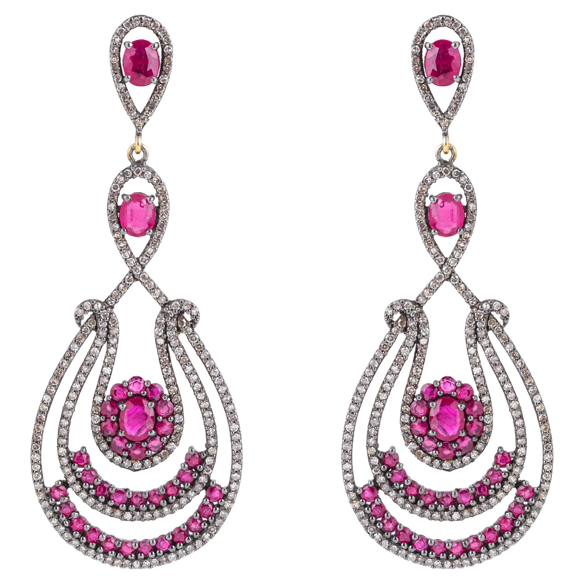 7.53 Carat Diamond and Ruby Dangle Earrings