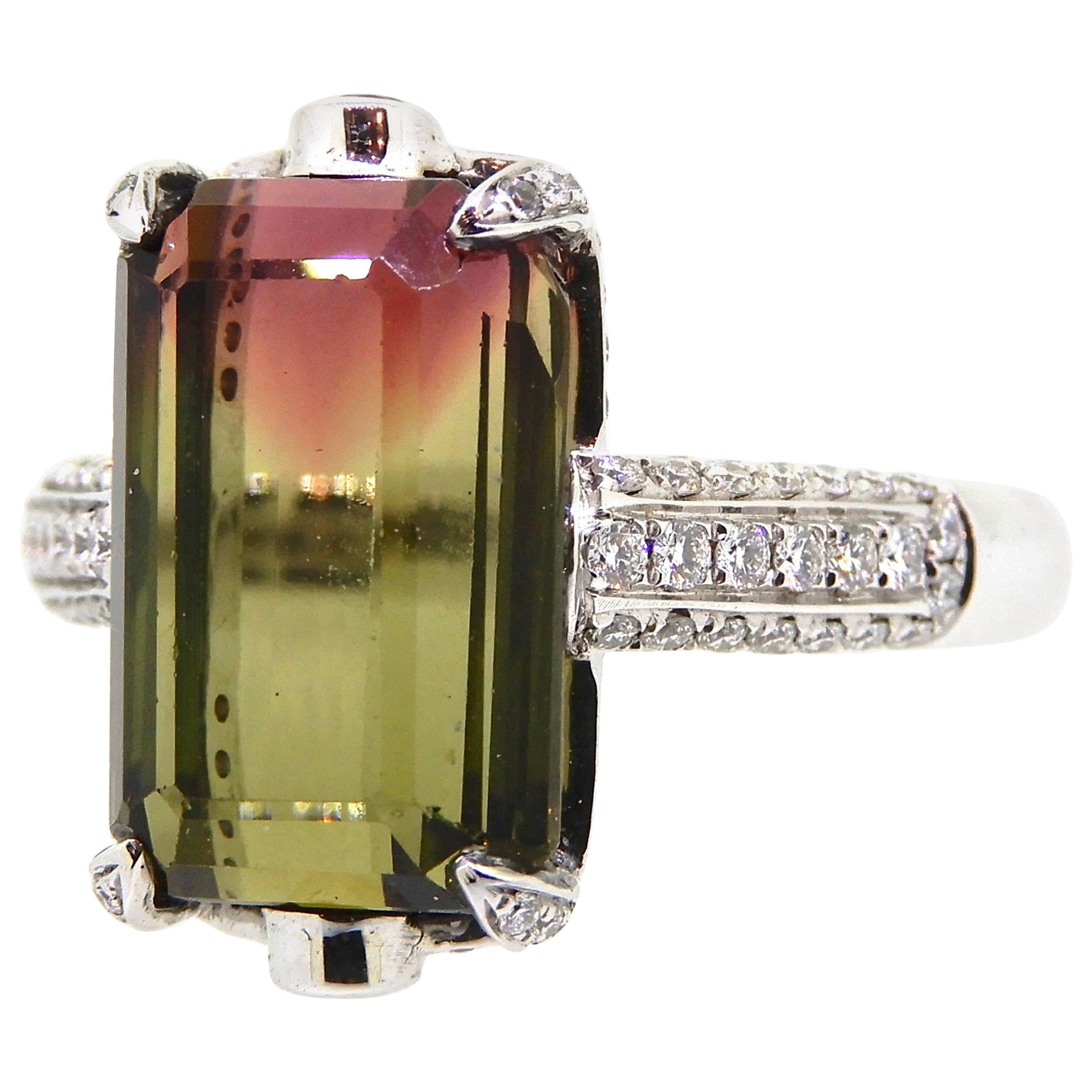 7.53 Carat Modified Emerald Cut Bi Color Tourmaline and Diamond Cocktail Ring For Sale