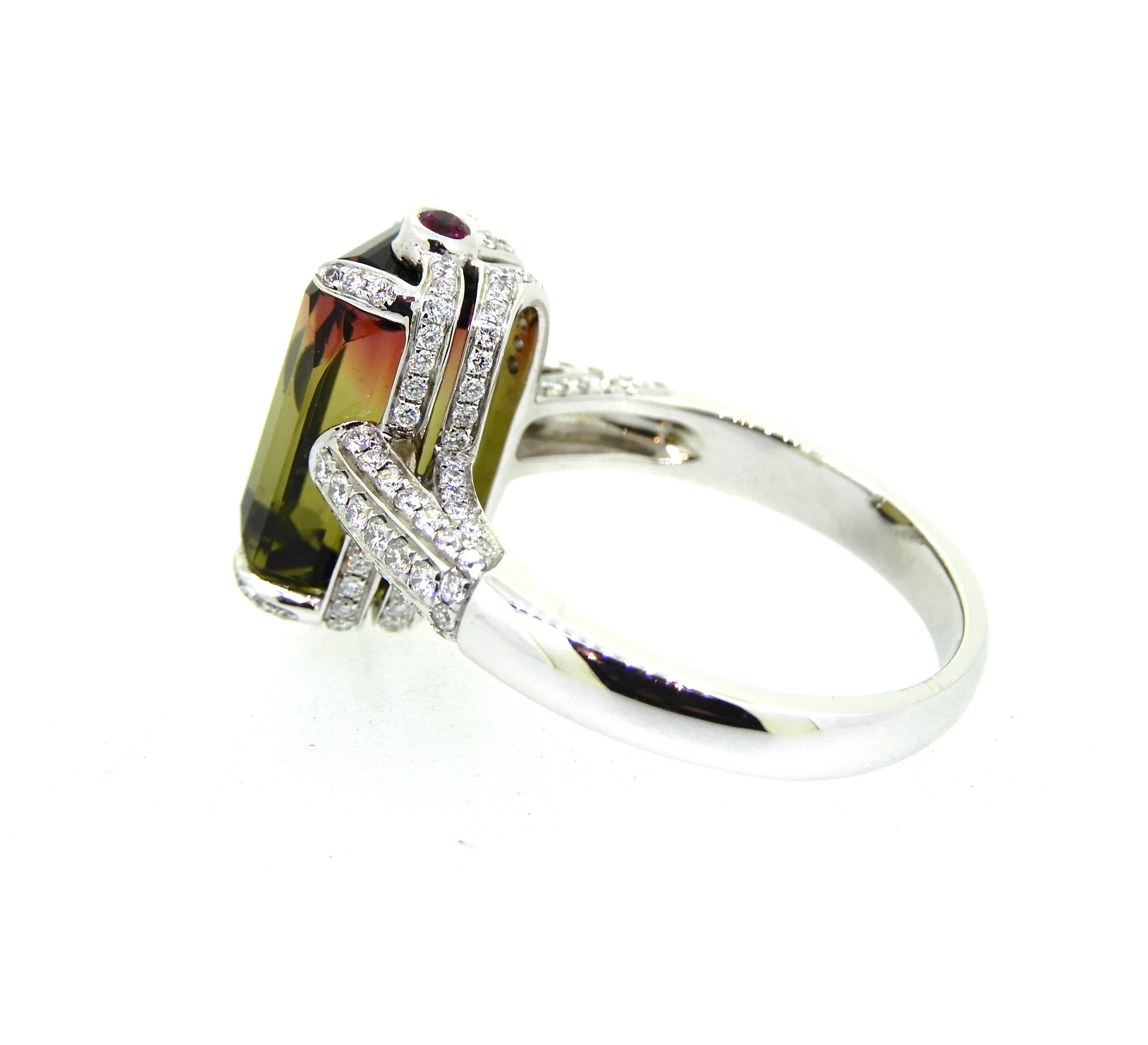 Contemporary 7.53 Carat Modified Emerald Cut Bi Color Tourmaline and Diamond Cocktail Ring For Sale
