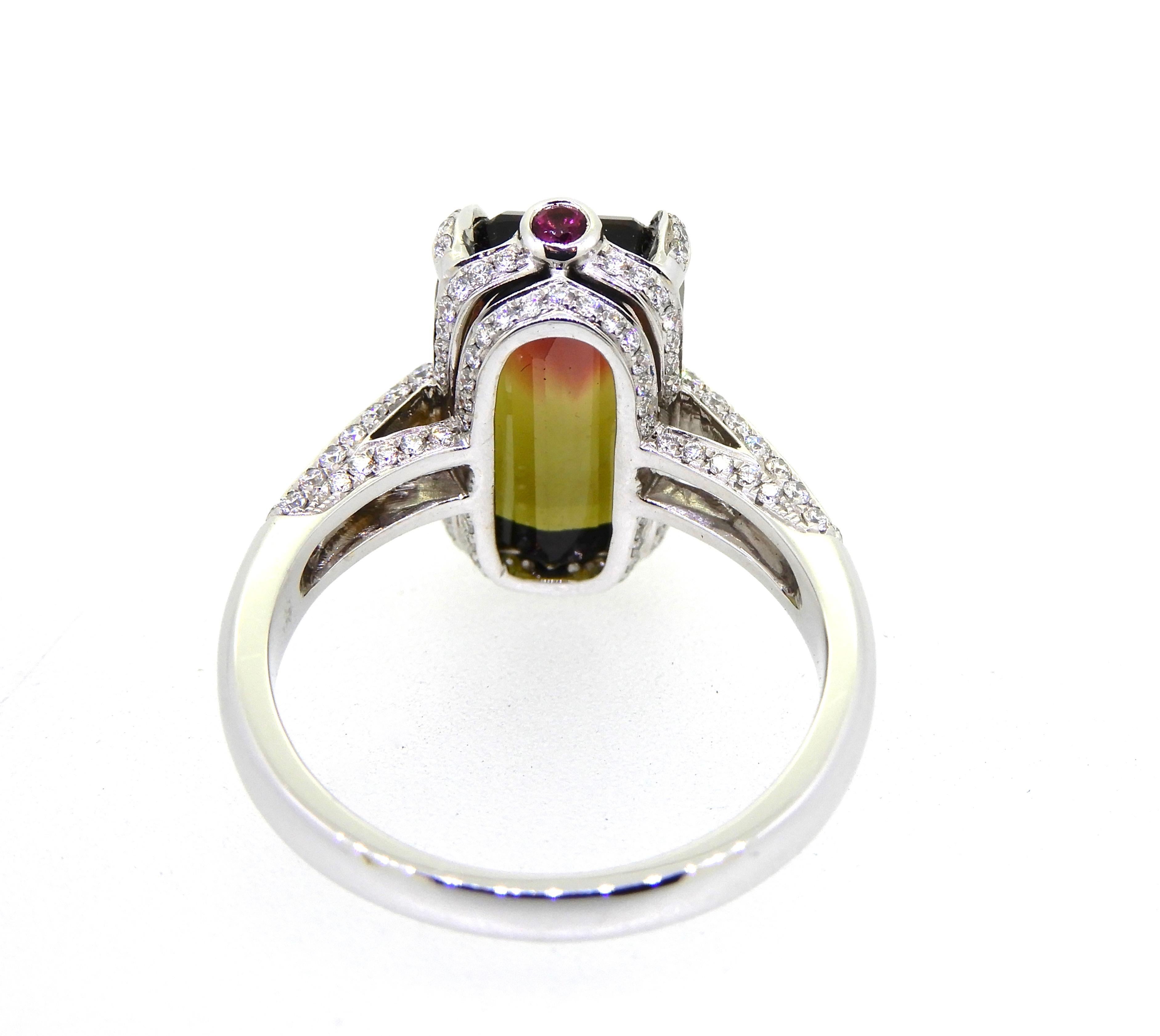 7.53 Carat Modified Emerald Cut Bi Color Tourmaline and Diamond Cocktail Ring In New Condition For Sale In Brisbane, QLD