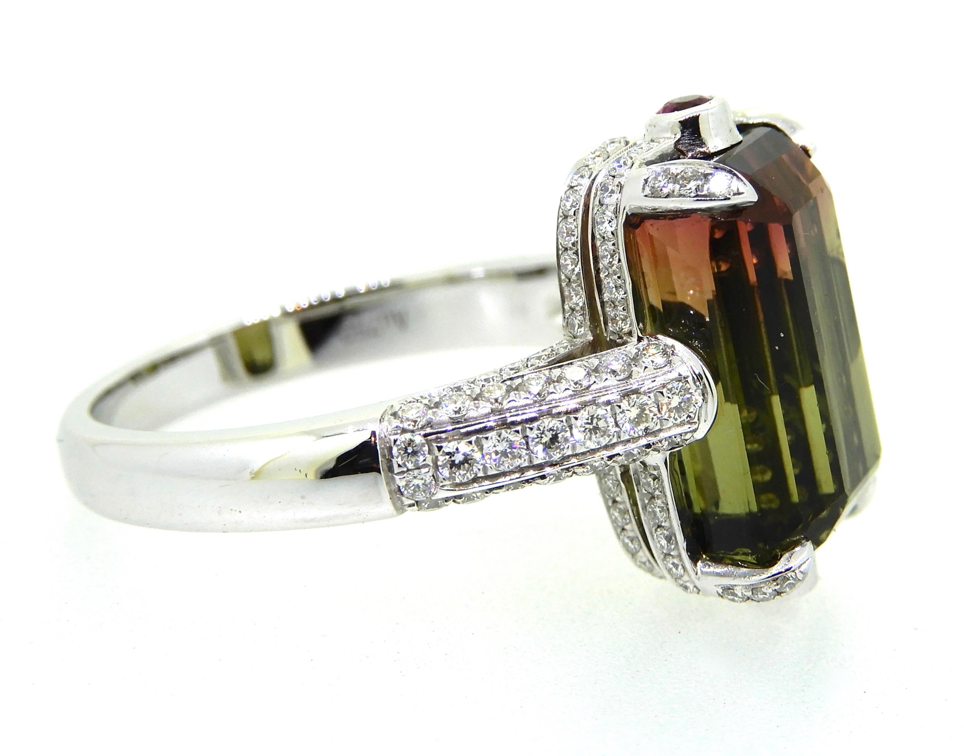 Women's 7.53 Carat Modified Emerald Cut Bi Color Tourmaline and Diamond Cocktail Ring For Sale