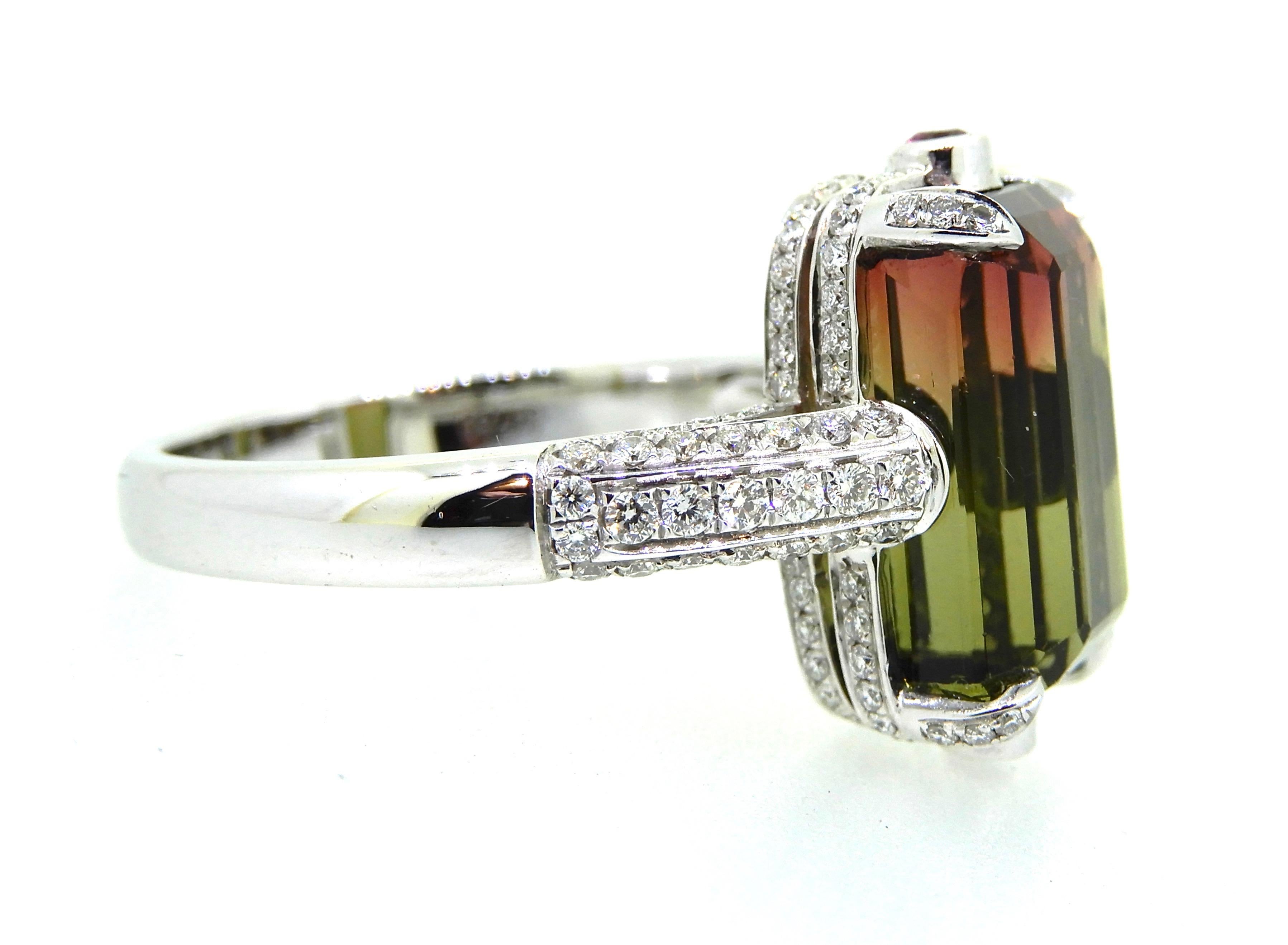 7.53 Carat Modified Emerald Cut Bi Color Tourmaline and Diamond Cocktail Ring For Sale 1