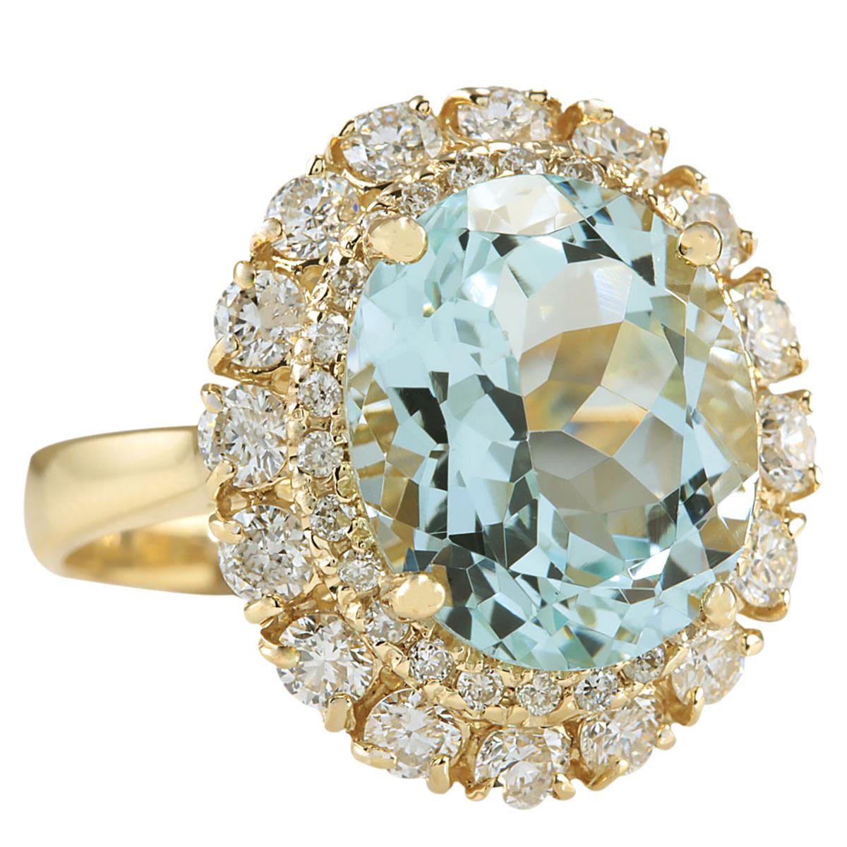 7.53 Carat Natural Aquamarine 14 Karat Yellow Gold Diamond Ring
Stamped: 14K Yellow Gold
Total Ring Weight: 6.0 Grams
Aquamarine Weight is 6.13 Carat (Measures: 13.00x11.00 mm)
Diamond Weight is 1.40 Carat
Color: F-G, Clarity: VS2-SI1
Face Measures: