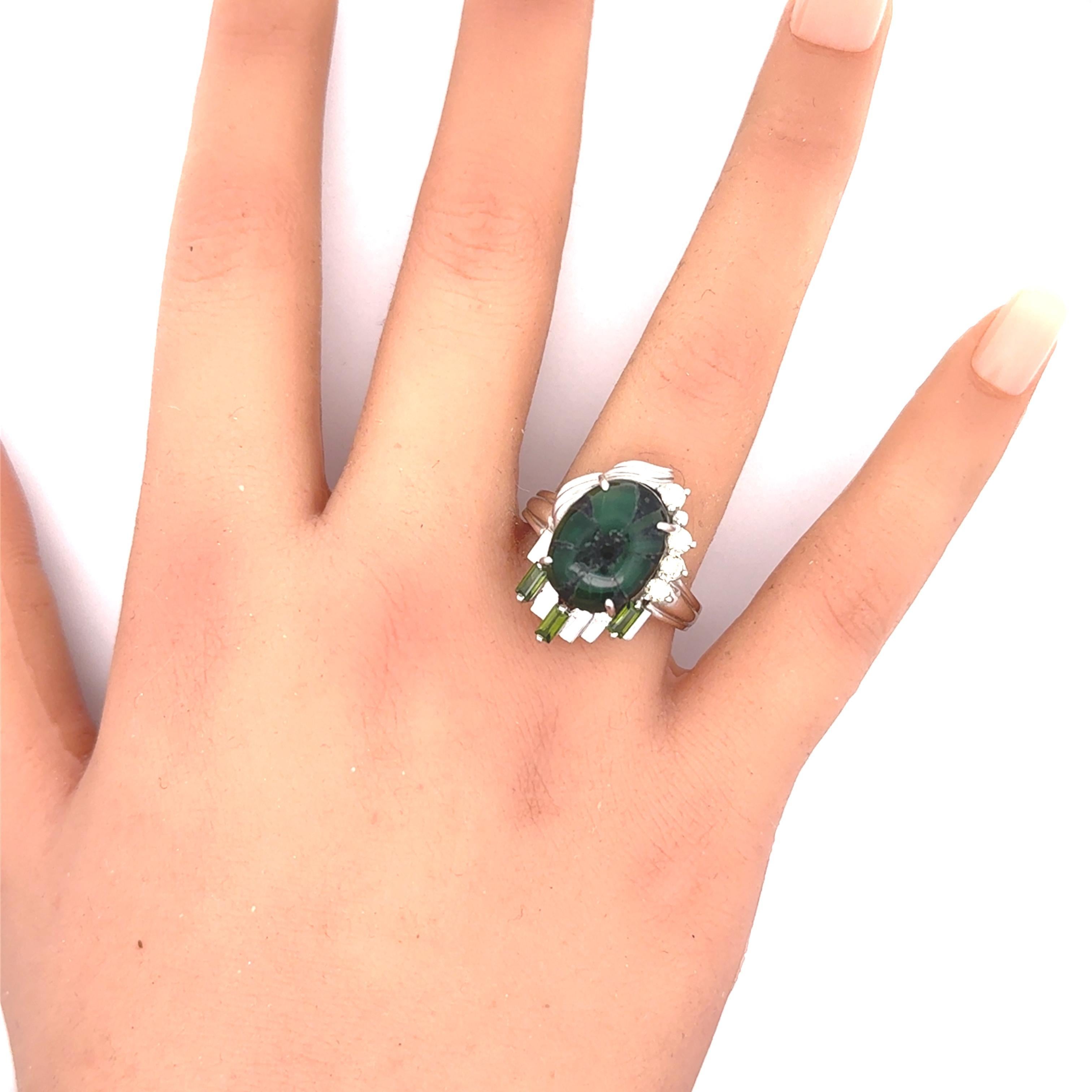 Cabochon 7.53 Carat Trapiche Emerald Diamond Platinum Ring, GIA Certified For Sale